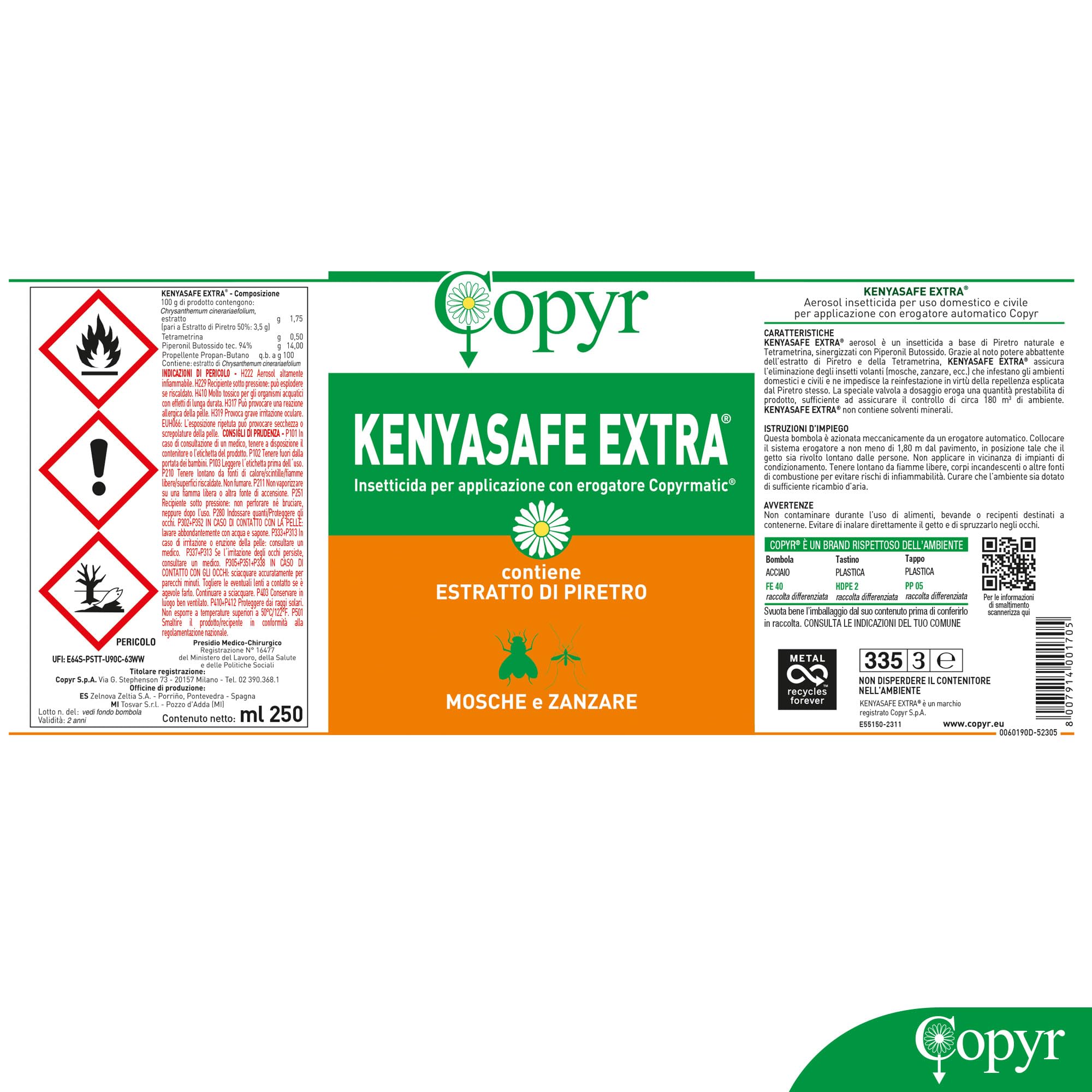 Copyr Kenyasafe Extra - Insetticida Antizanzare, Mosche e Insetti Volanti, 6 Bombole 250ml, Piretro Insetticida Biologico Repellente Zanzare Professionale Casa, Ho.Re.Ca., Settore Pubblico e Sanitario