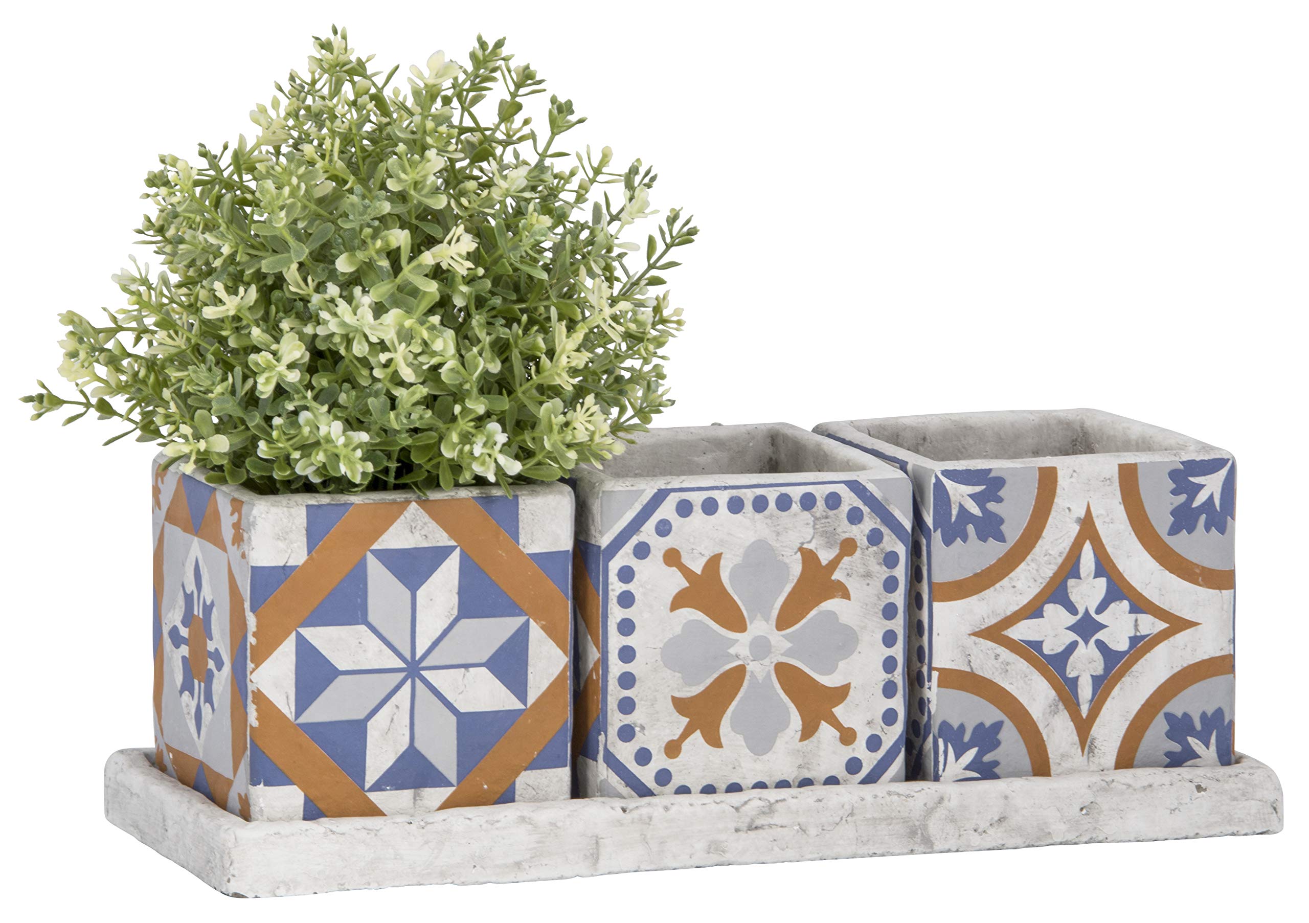 Fallen Fruits Esschert Design AC179 Portuguese Tile Set of 3 Flower Pots on Tray, Concrete