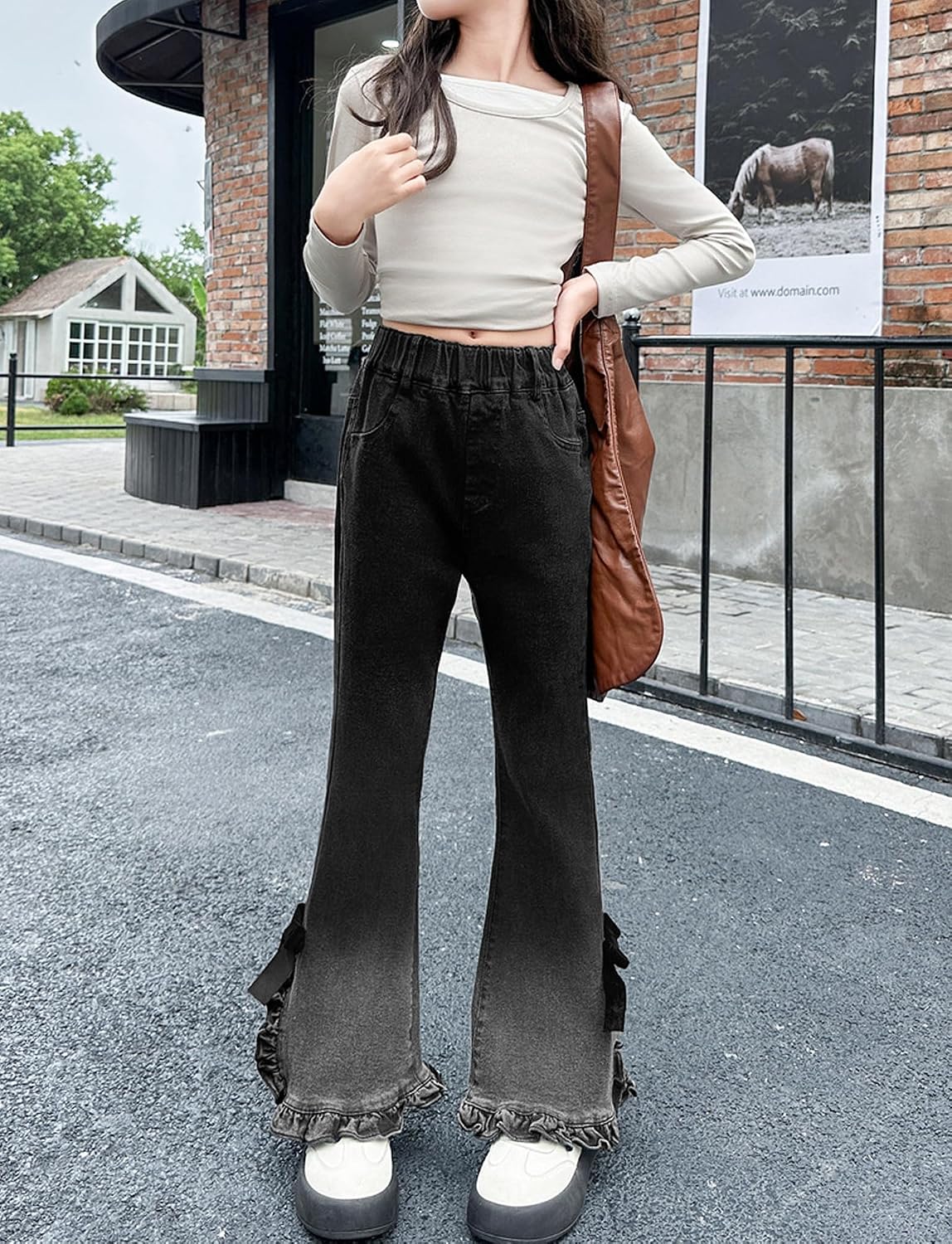 SEAUR Girls Flare Jeans 5-13 Years Old Cute Bow Bell Bottom Pants Elastic Waist Girl Skinny Washed Denim Bottoms with Pockets