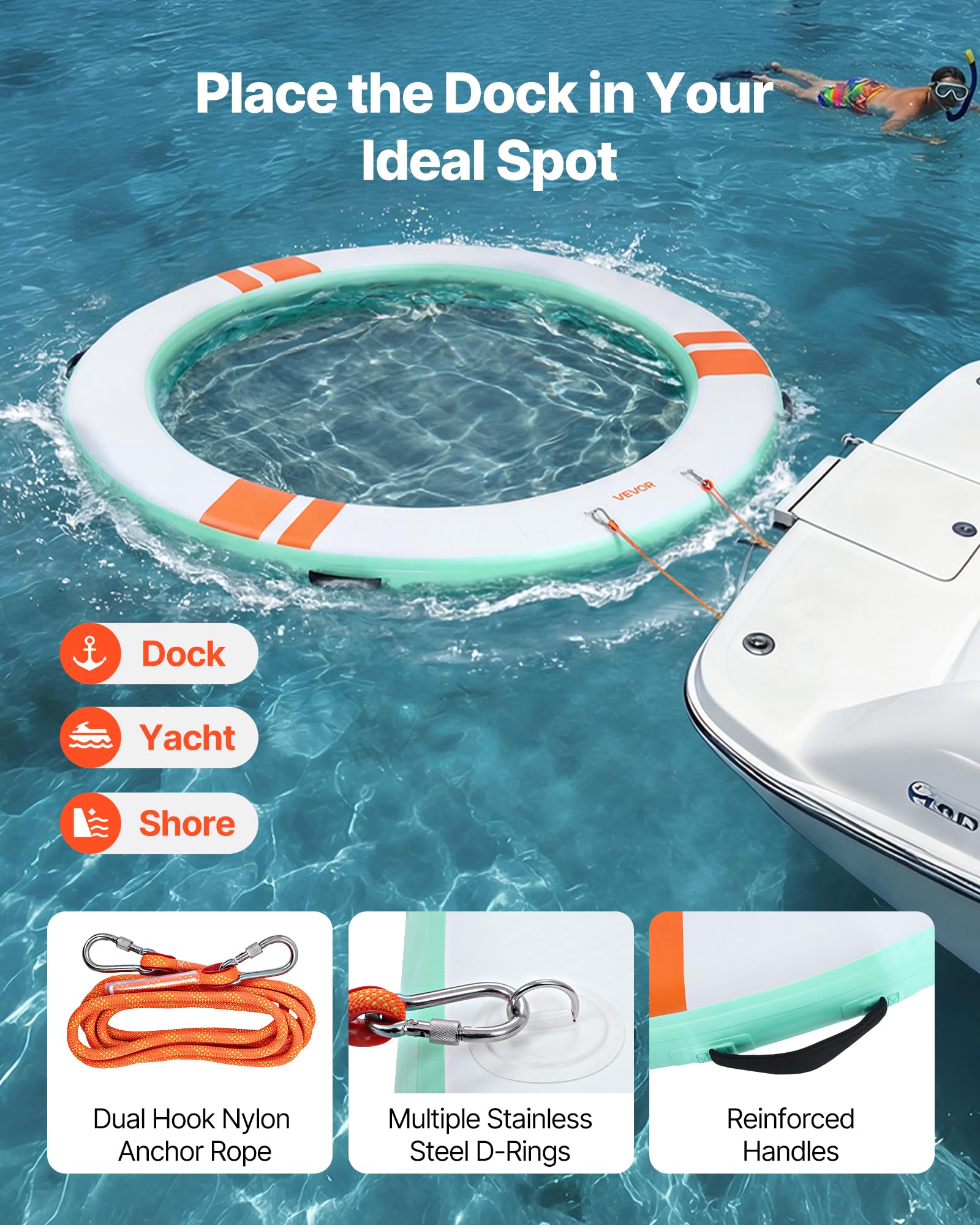 VEVOR Colchoneta para Piscina, Diámetro de 2,44 m, Flotador Inflable Redondo, con Malla Escalera Desmontable Toldo Parasol Bolsa de Transporte, Hamaca Inflable Isla de Agua para Piscina Playa Lago