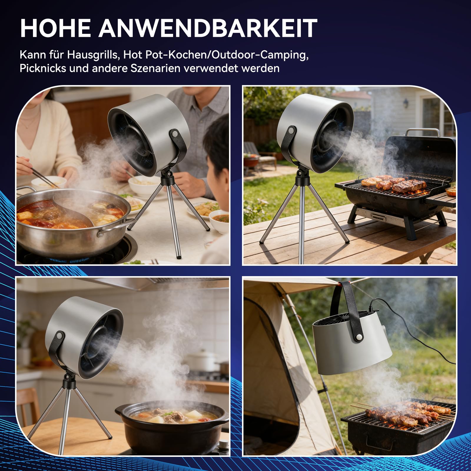 Mobile Dunstabzugshaube ohne Installation, tragbare Mini Abzugshaube mit abnehmbarem Stativ & Aufhängeseil, 3-stufig leise, ideal für Wohnung, RV, Camping, Outdoor, platzsparendes Küchenzubehör