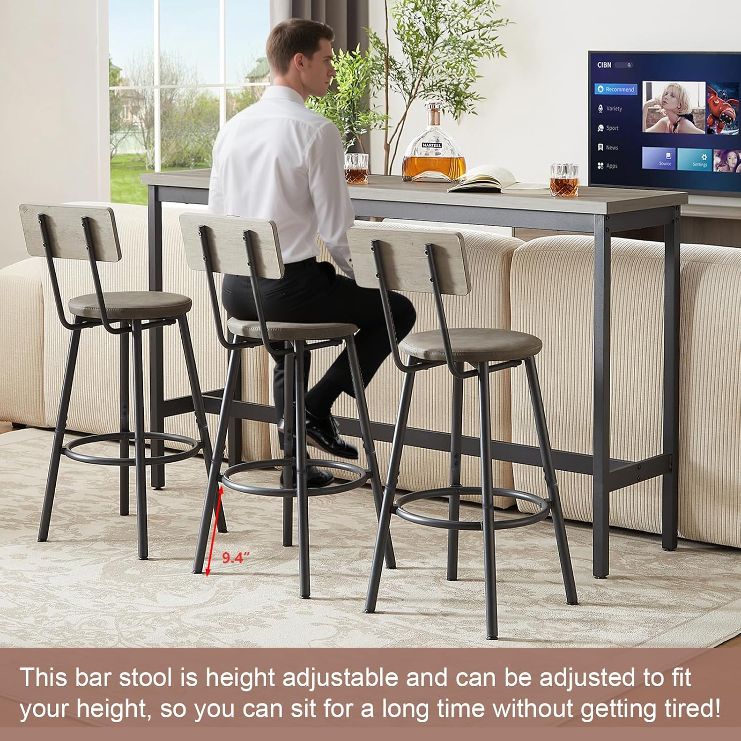 Bar Table and Chairs Set for 3, 63" L Rectangle Sofa Table with 3 PU Upholstered Stools, 4 Piece Industrial Counter Height Dining Table Set for Living Room Kitchen Restaurant, Grey