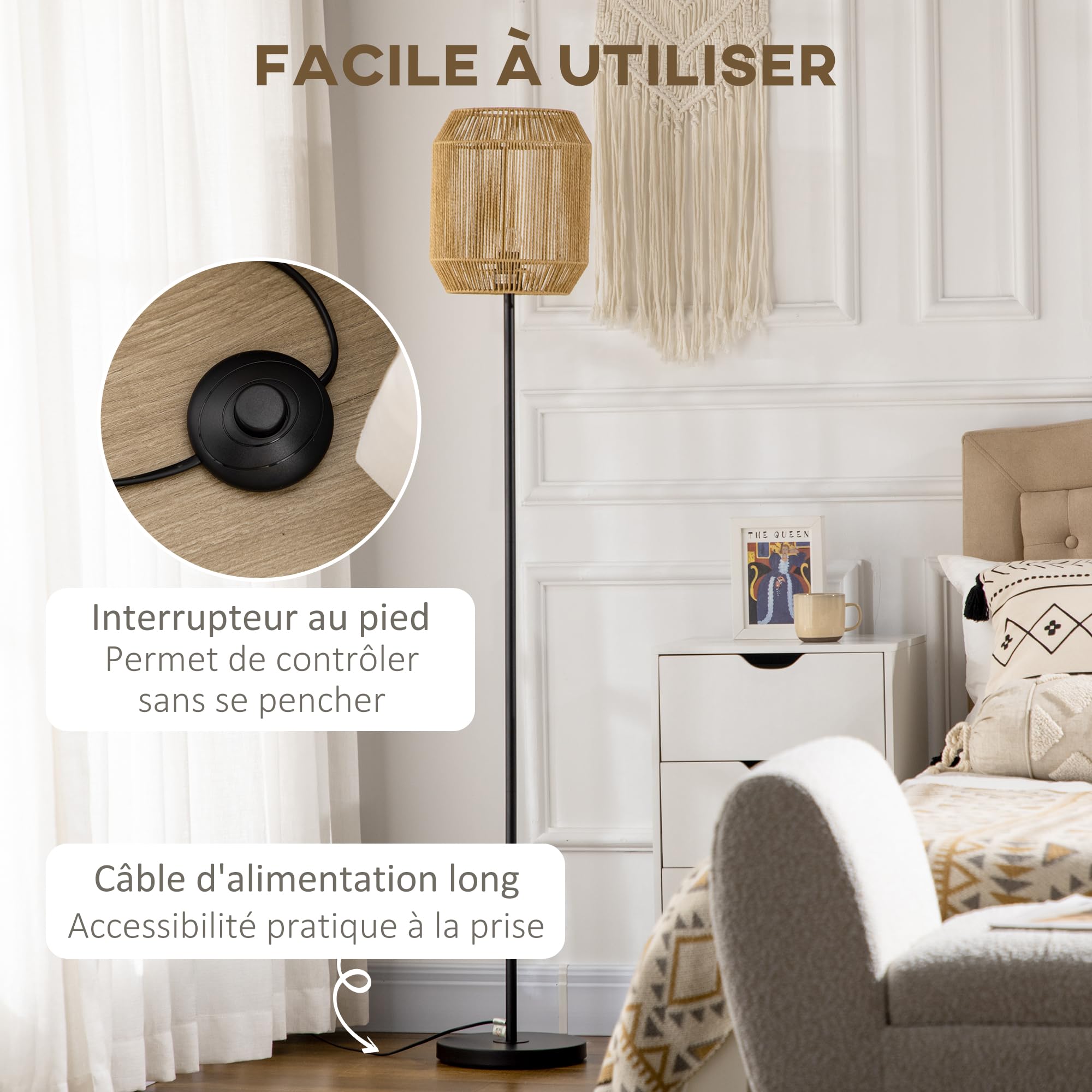 HOMCOM Lampadaire sur Pied Vintage en Métal Design Naturel Ø 26 x 164H cm