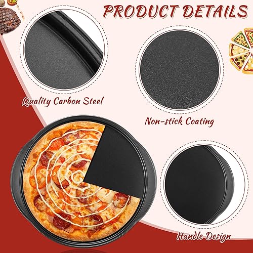 Miniatura 3 de Skylety 8 Pieces Pizza Pans with Handles 14 Inch Round Baking Sheet for Oven Nonstick Carbon Steel Black Binaural Crisper Pizza Tray Bakeware for