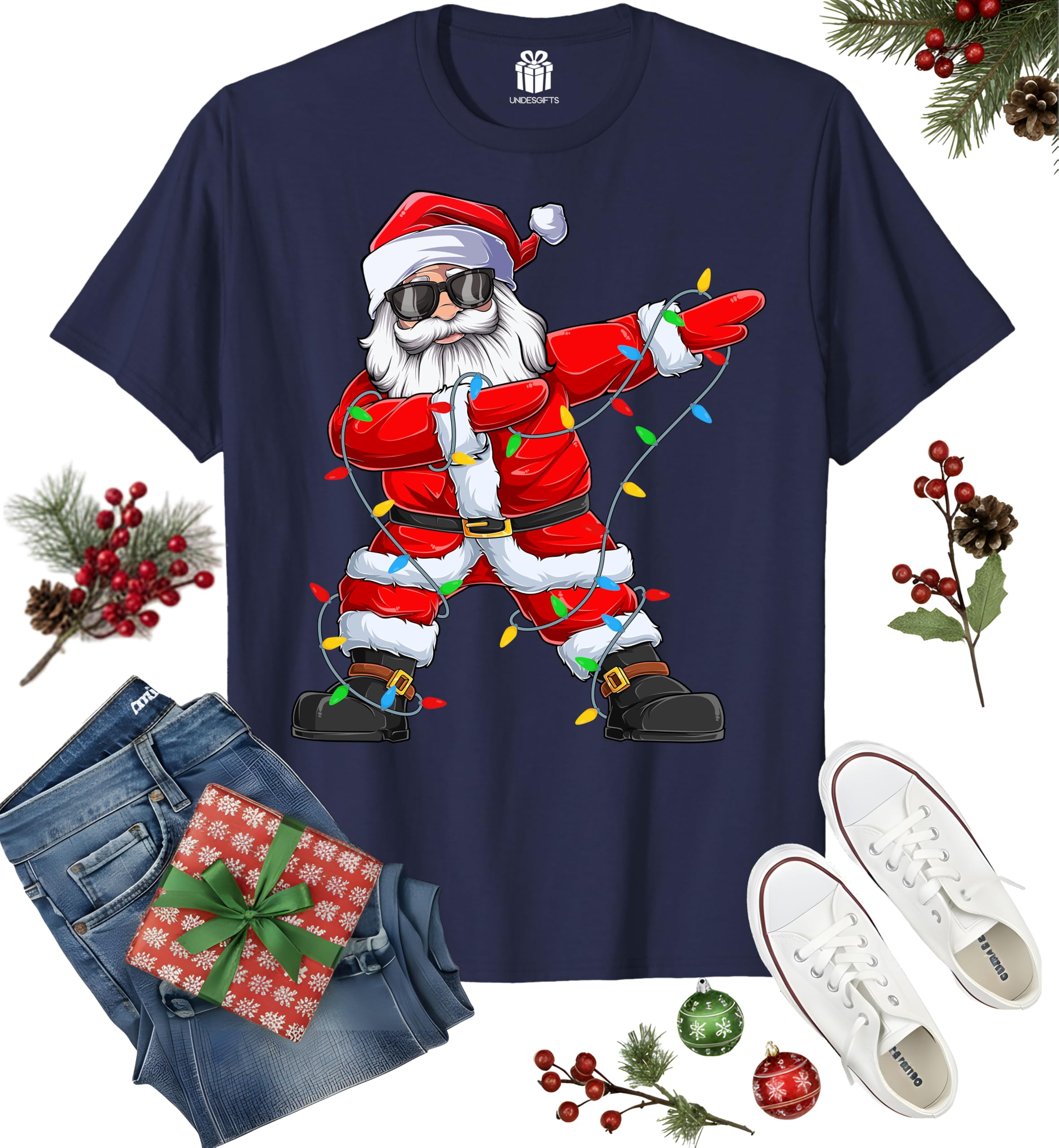 Dabbing Santa Christmas Red Lights T-Shirt for Men, Boys, Girls and Kids, Funny Dad Boyfriend Son