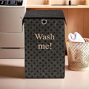 Kuber Industries Non Woven 75L Foldable Laundry Basket For Clothes With Lid | Collapsible Kids Cloth Bin With Holder & Washing Clothes Storage Basket For Home | Golden Dots -Black