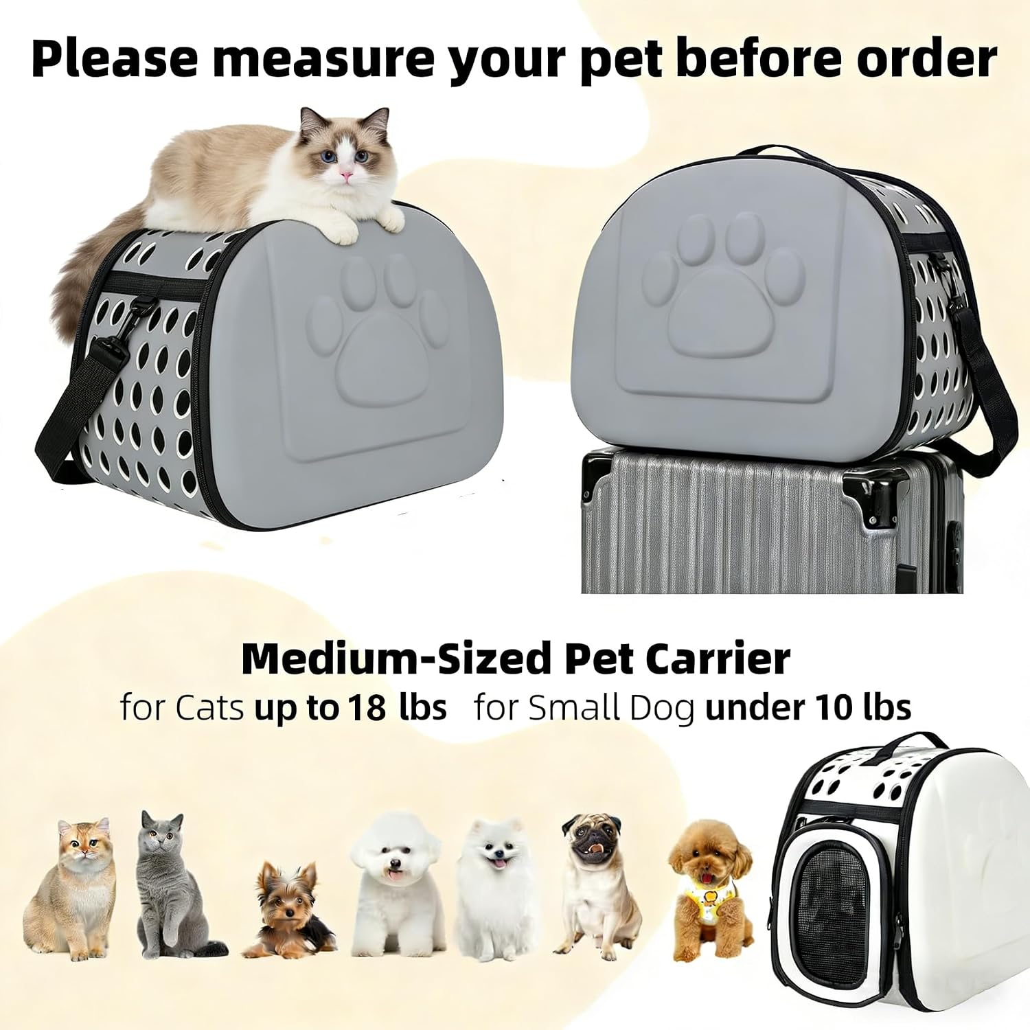 Cats Carrier for Cats & Small Dogs, Puppy,Up to 18lbs, Soft Pet Carrier Backpack with Mesh Windows, Ventilated Handbag for Travel/Hiking/Camping/Bag, Portable Crate (Gray)