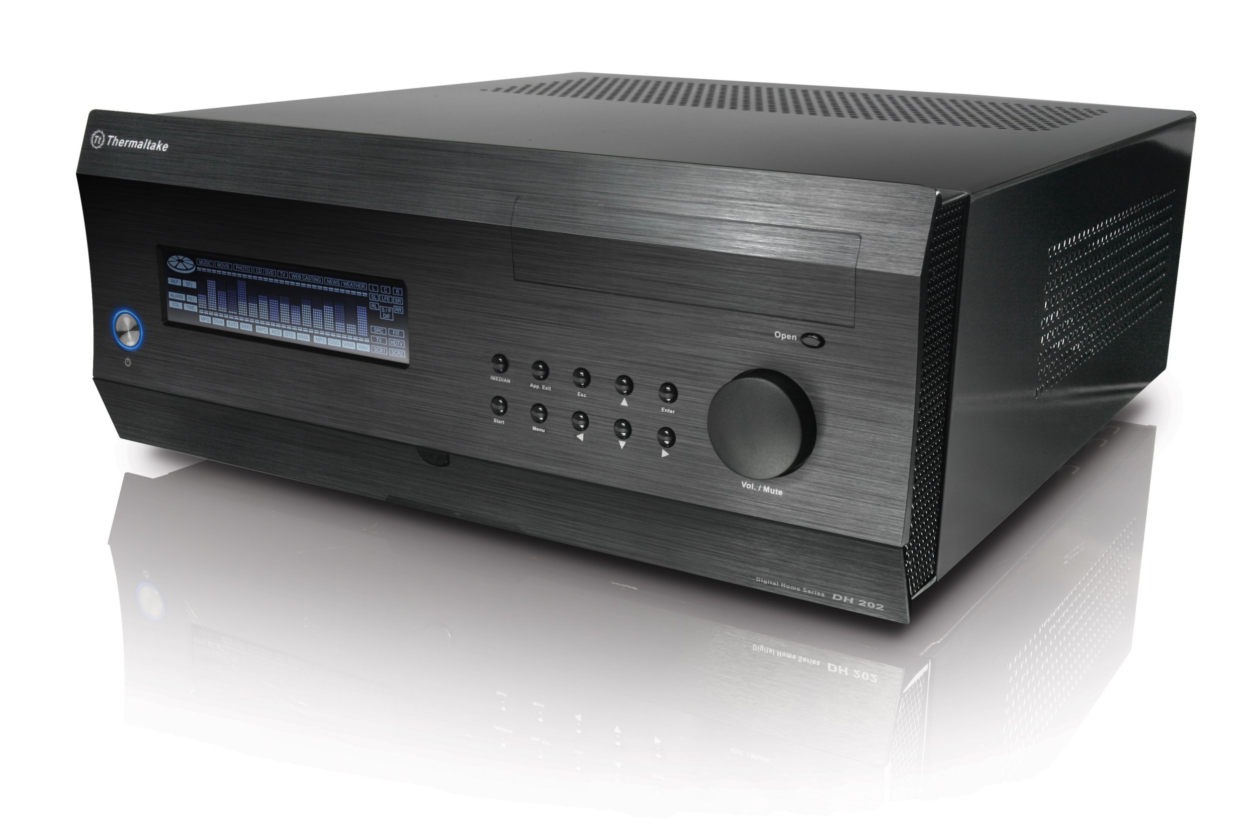 Hareupeun view of the Thermaltake DH 202 HTPC case with LCD display and controls