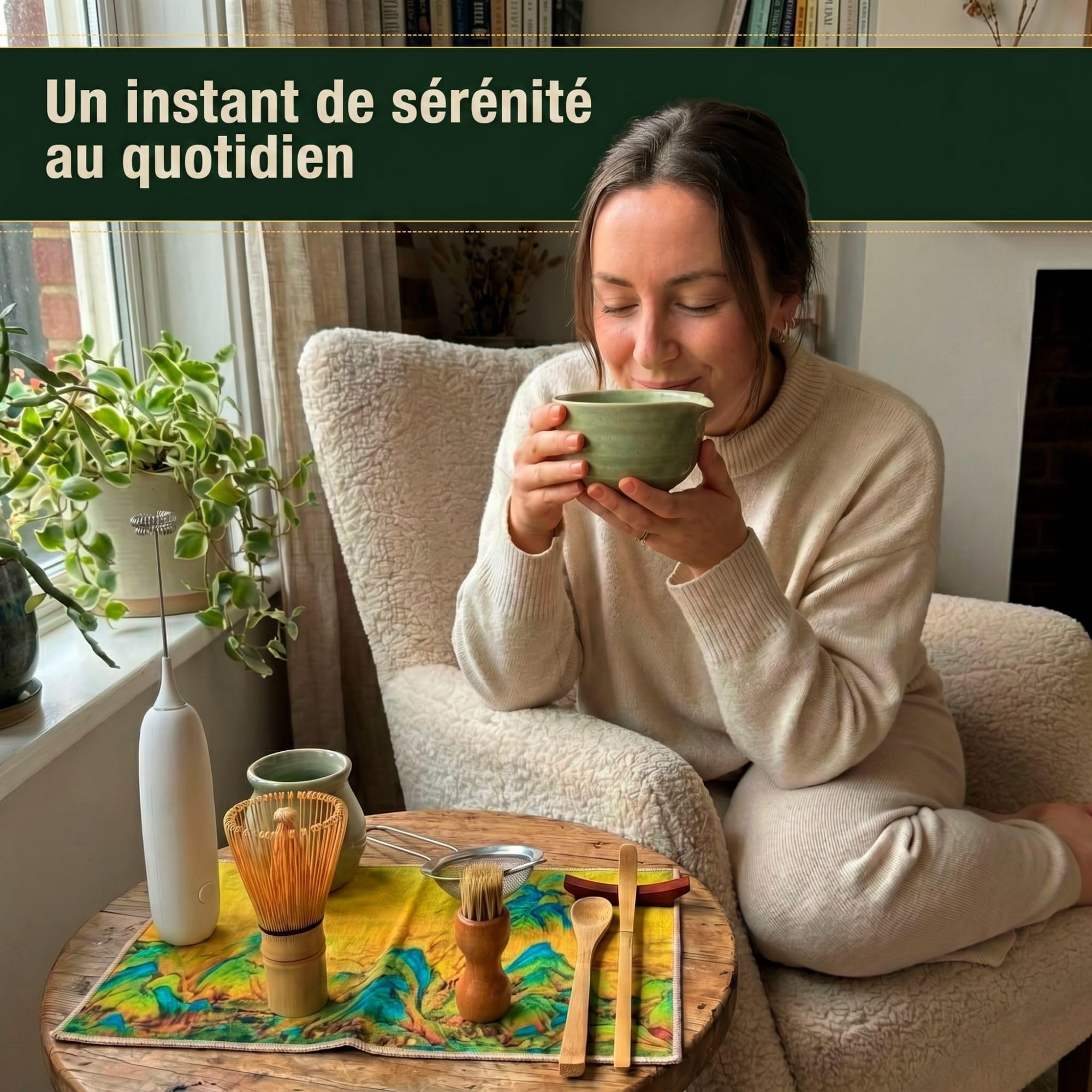 Kit de thé matcha avec fouet électrique mousse et ensemble complet d'accessoires traditionnels, bol en céramique, tamis bambou préparation rituelle authentique initiation Set de 11 pièces cadeau