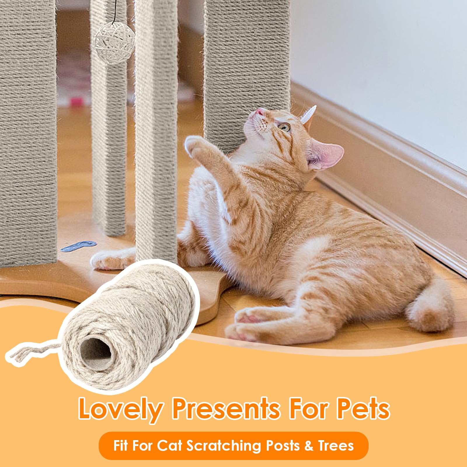 Cuerda de sisal para rascador de gatos, 164 pies/50 m, cuerda de yute natural de 6 mm de grosor para postes de rascar, cuerda de árbol de gato, cuerda de árbol de gato, reemplazo de poste de rascado,