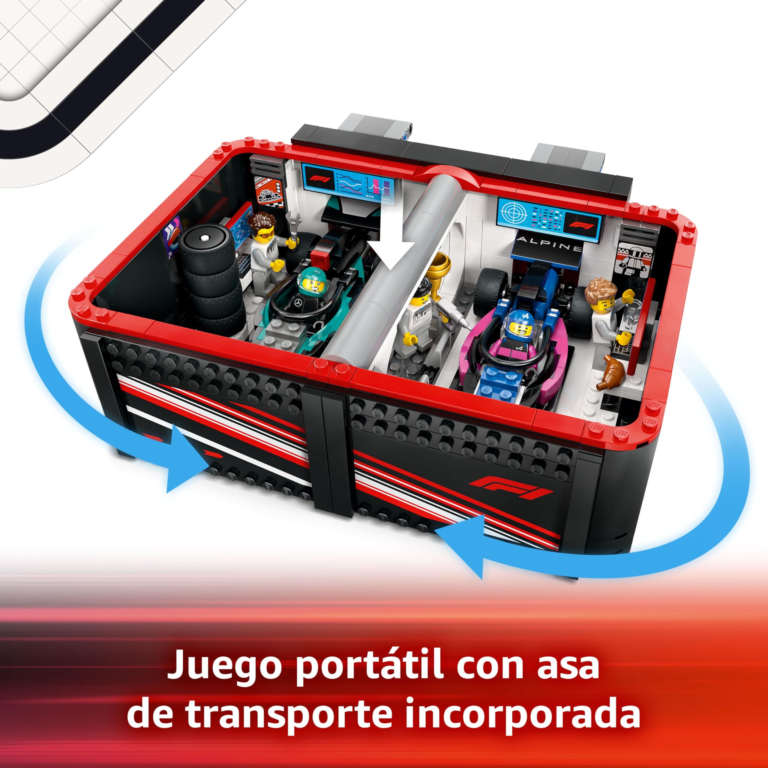 LEGO City Garaje de F1 con Coches Mercedes-AMG y Alpine, 2 Maquetas de Vehículos de Fórmula 1 de Juguete y 2 Minifiguras de Pilotos y 4 Mecánicos, Regalo para Niños y Niñas de 7 Años o Más 60444