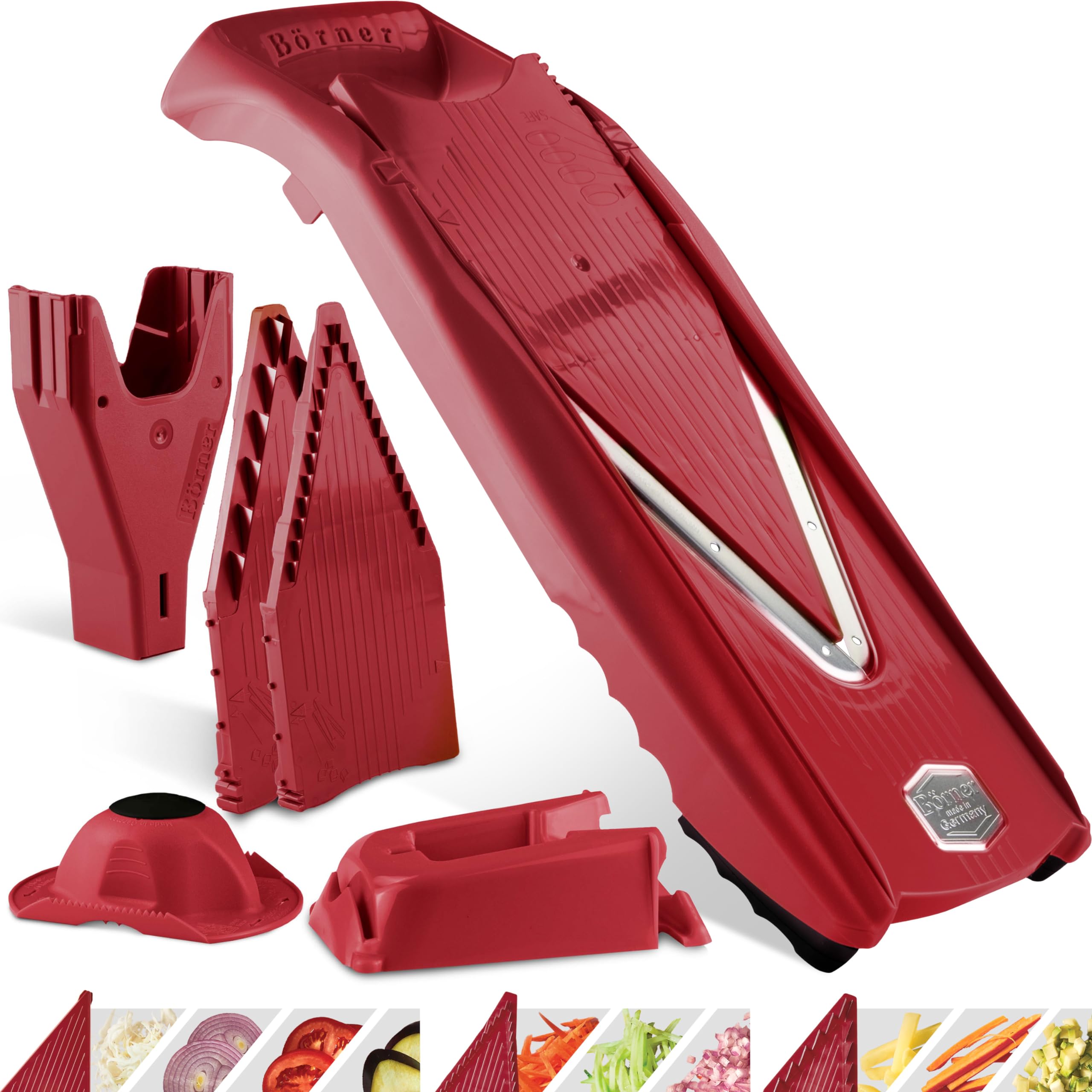 Börner Gemüsehobel V5 (Profi Set) • Verstellbarer V-Hobel 7-teilig mit 10 Schnittarten • Gemüseschneider mit Edelstahl V-Klinge • Küchenhobel inkl. Dockingstation • Farbe: Rot