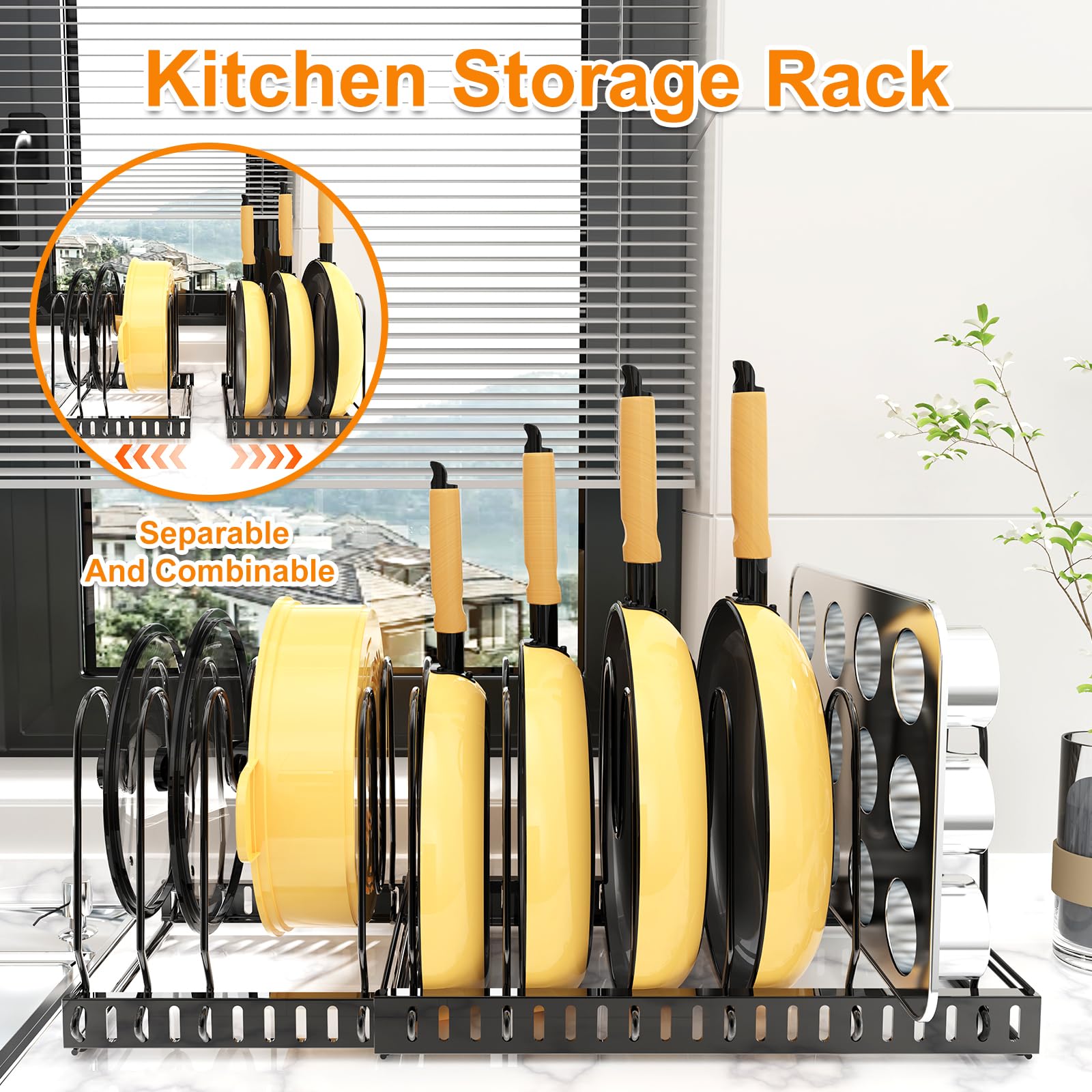 Besda Pot And Pan Organizer Under Cabinet, Expandable Pans and Pots Organizer Rack Pot Lid Holder Shelf with 12 Different Size Dividers (12 Brackets-Black)