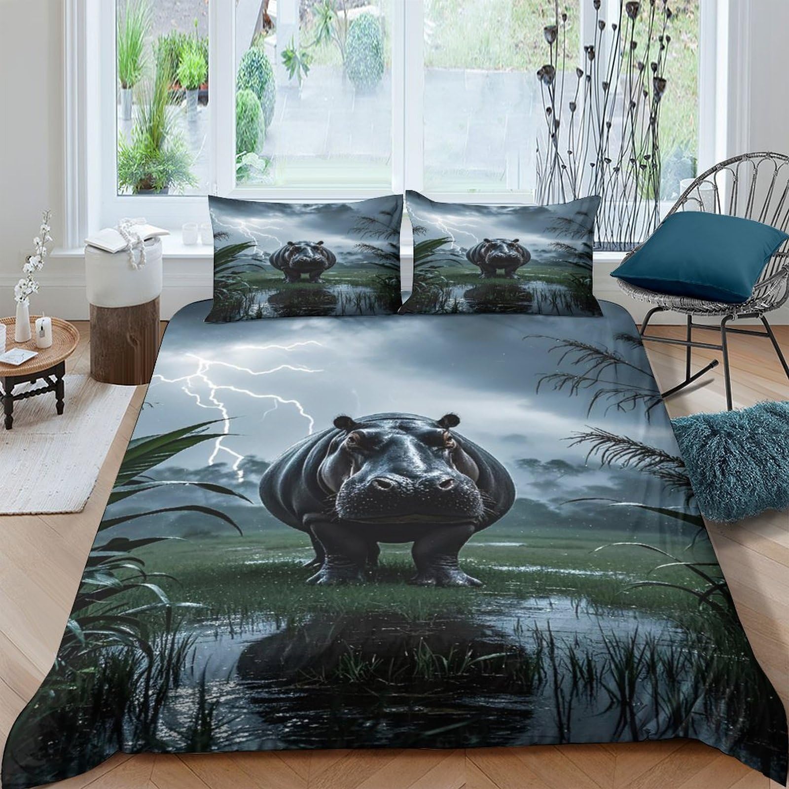 Ctjqhvkz Style-9 3D Printed Hippo River Fitted Sheet Microfiber Soft Decor Animal Lake Bed Cover For Bedroom Guest Room Single（135X200cm）