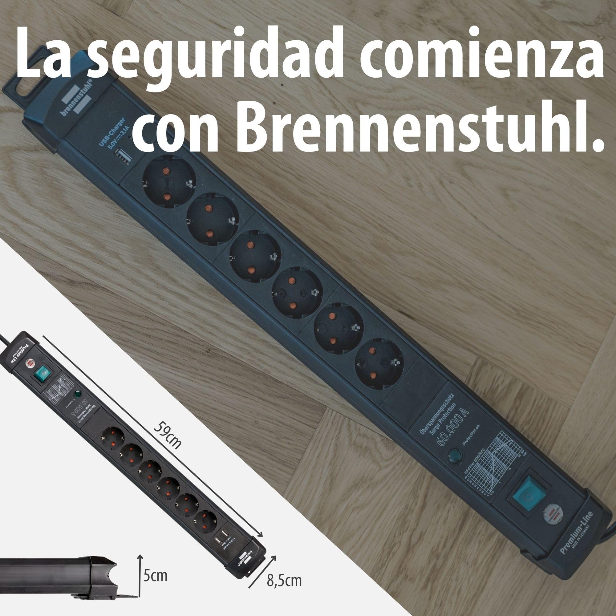 Brennenstuhl Premium-Line regleta enchufes de 6 Tomas con protección contra sobretensiones hasta 60.000A (Cable de 3m, 2X Cargador USB 3.10A, montable, Fabricado en Alemania) Negro