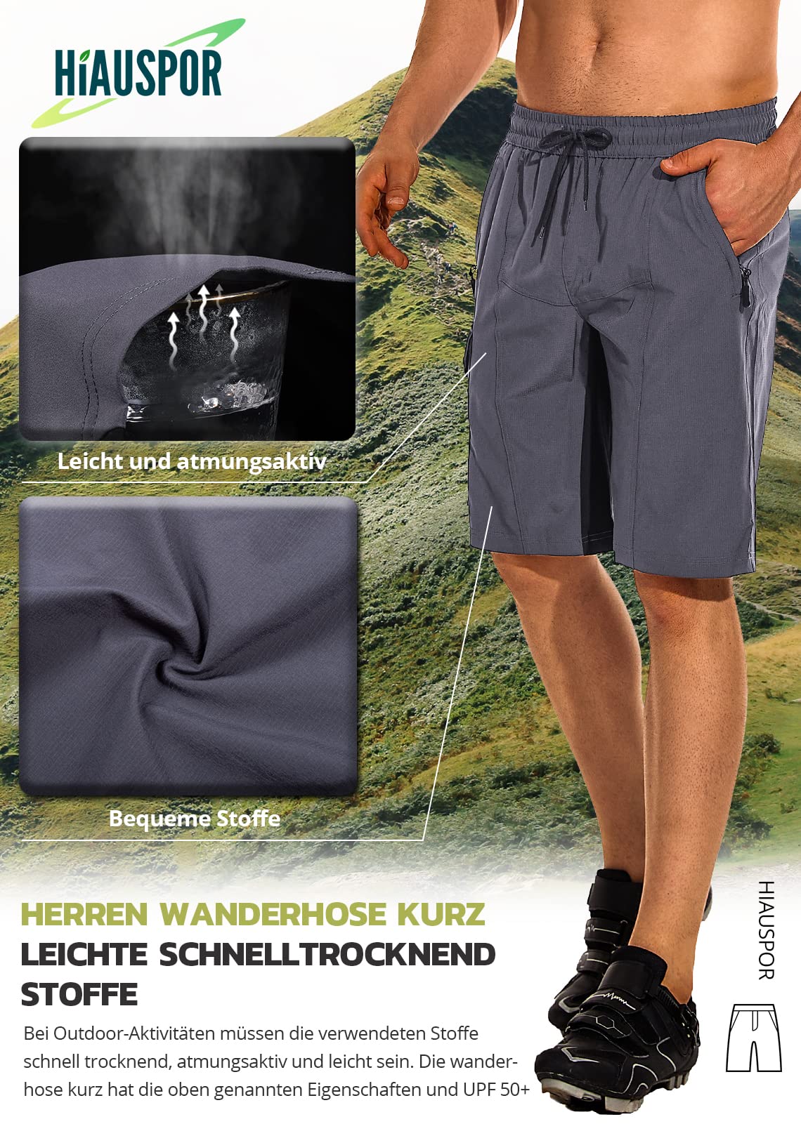 Hiauspor Pantaloncini cargo da trekking da uomo ad asciugatura rapida, leggeri ibridi con tasche con cerniera per pesca, golf, campeggio tattico