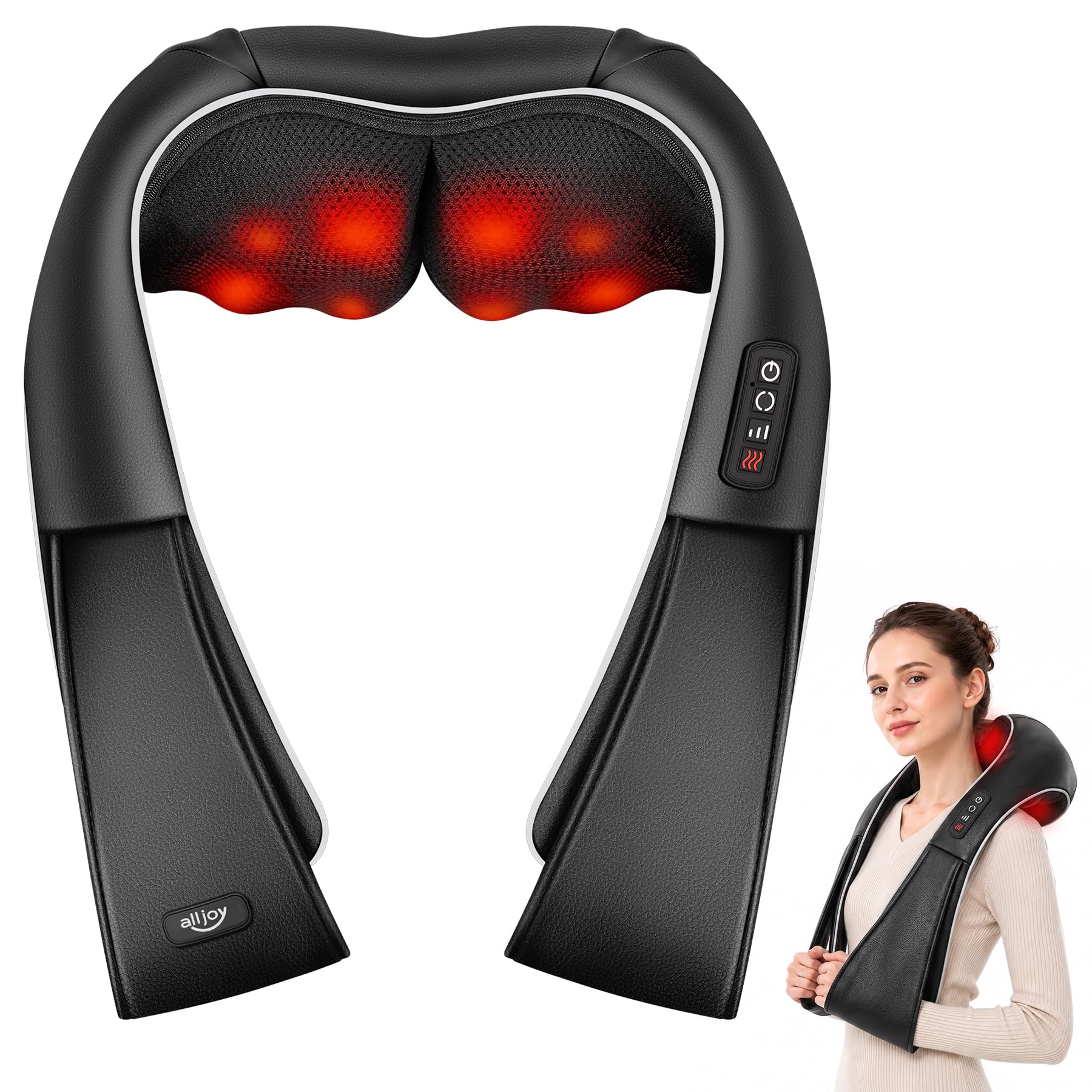 ALLJOY Nackenmassagegerät mit Wärme,Nacken- und Schultermassagegerät | 8 Shiatsu-Massageknoten, 3 Geschwindigkeitsstufen, 15-minütige Auto-Abschaltung, Geschenk für Männer & Frauen