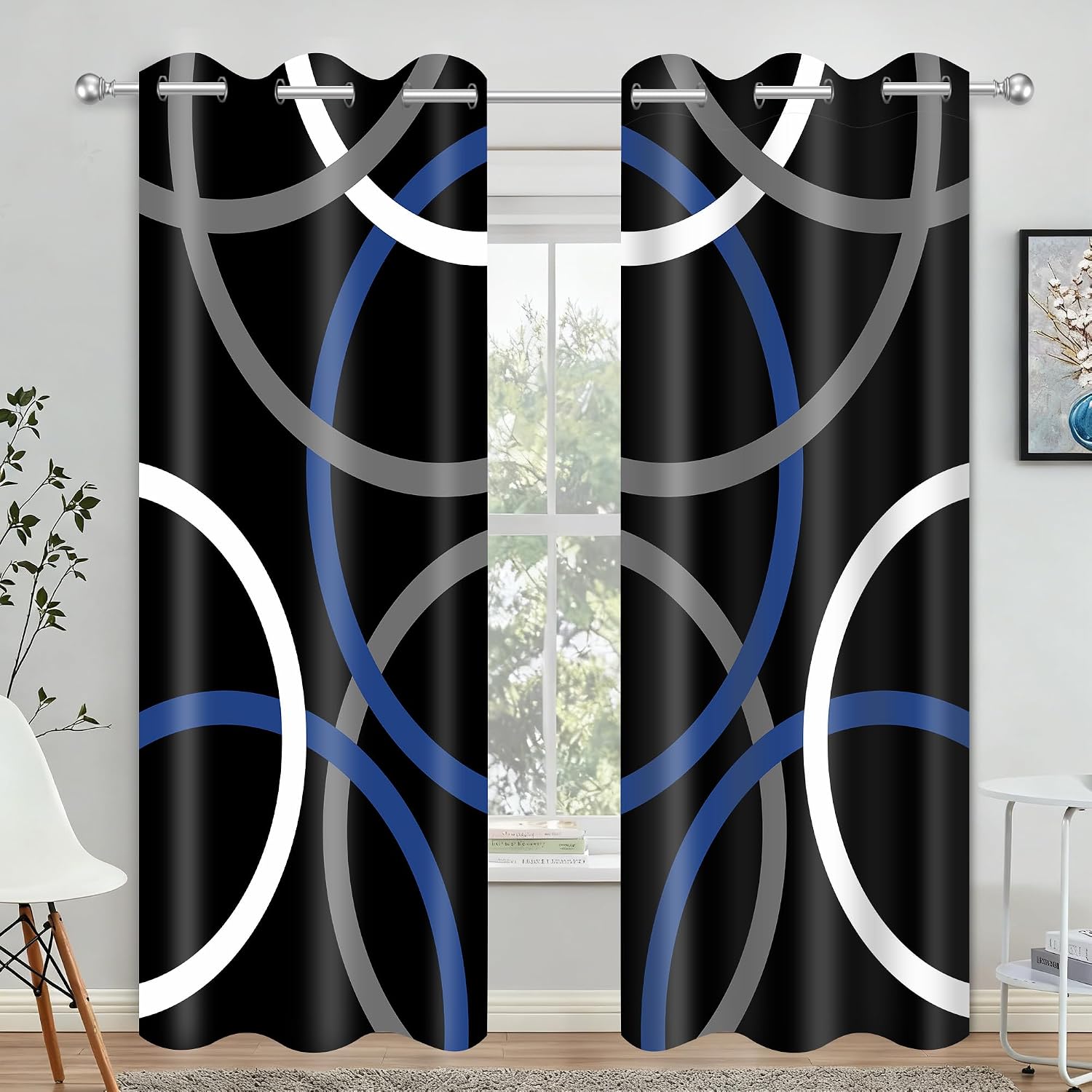 Black Blue Geometric Curtains for Bedroom Living Room Modern Black Grey Navy Blue Blackout Curtain Abstract Circle Pattern Window Drapes, 42x84 Inches,2 Panels
