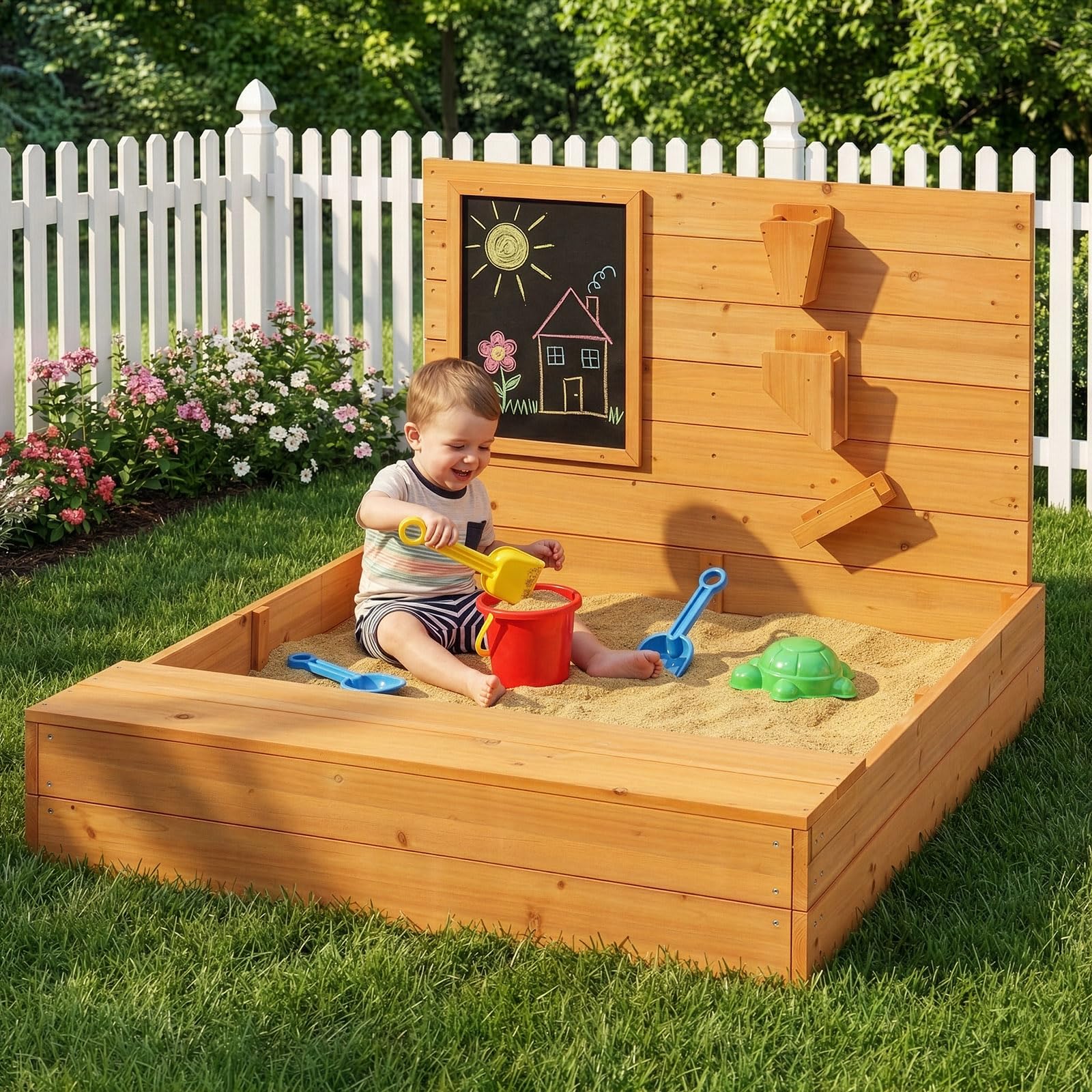 LEADZM Holz Sandkasten für Kinder mit Sitzbank, Tafel und Trichter, 120 x 115 x 76,5 cm, Großes Outdoor-Sandkasten für Garten, Strand und Park, für Kinder im Alter von 3 bis 12 Jahren