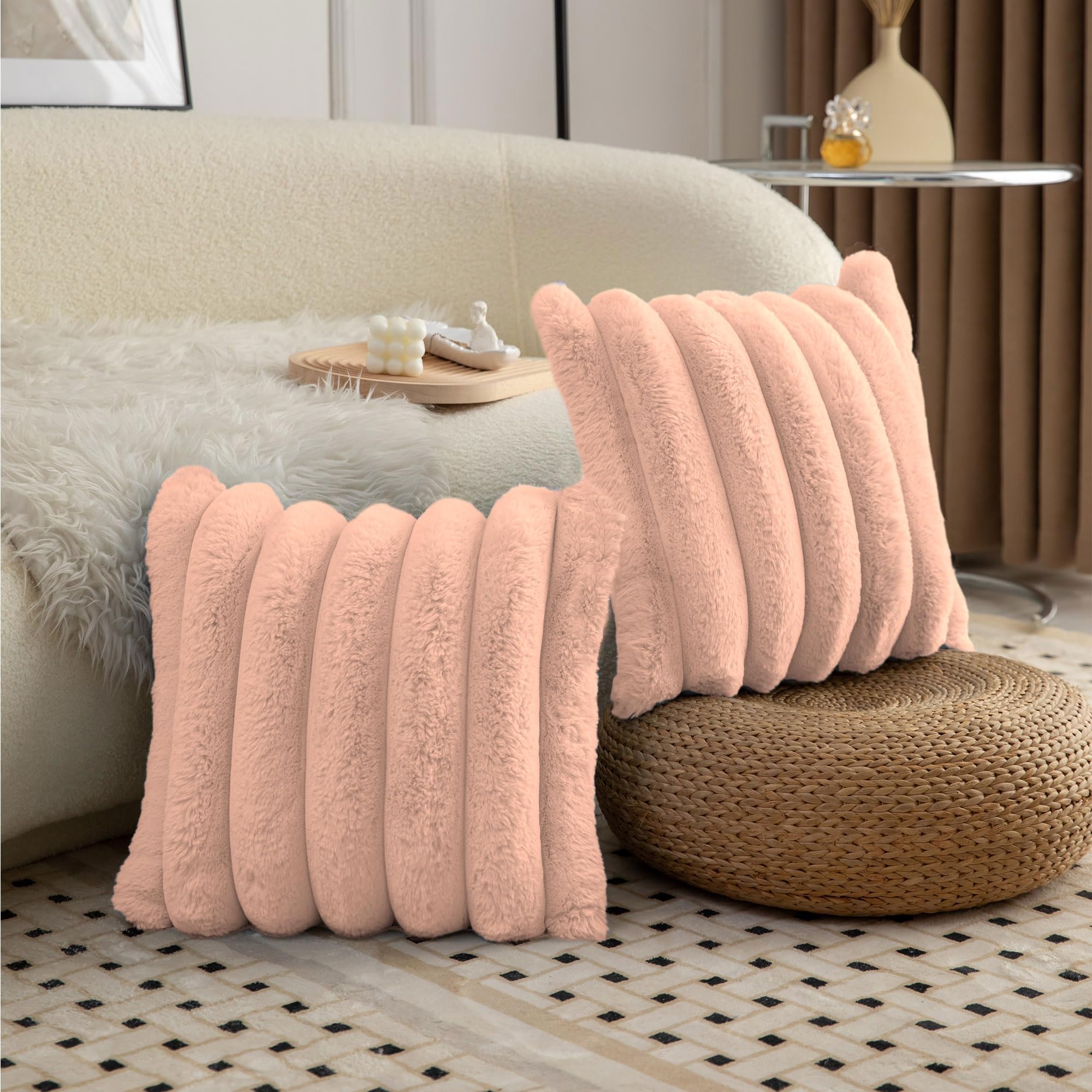 Amazon Brand - Umi Luxurious Plush Cushion Covers Set of 2, 16x16 Inch, Soft Faux Fur Decorative Cushion Covers for Sofa, Chair, Bed, and Bedroom - Ideal for Kids, Cozy - Peach (B0DCJNX1YH) Amazon Price History, Amazon Price Tracker