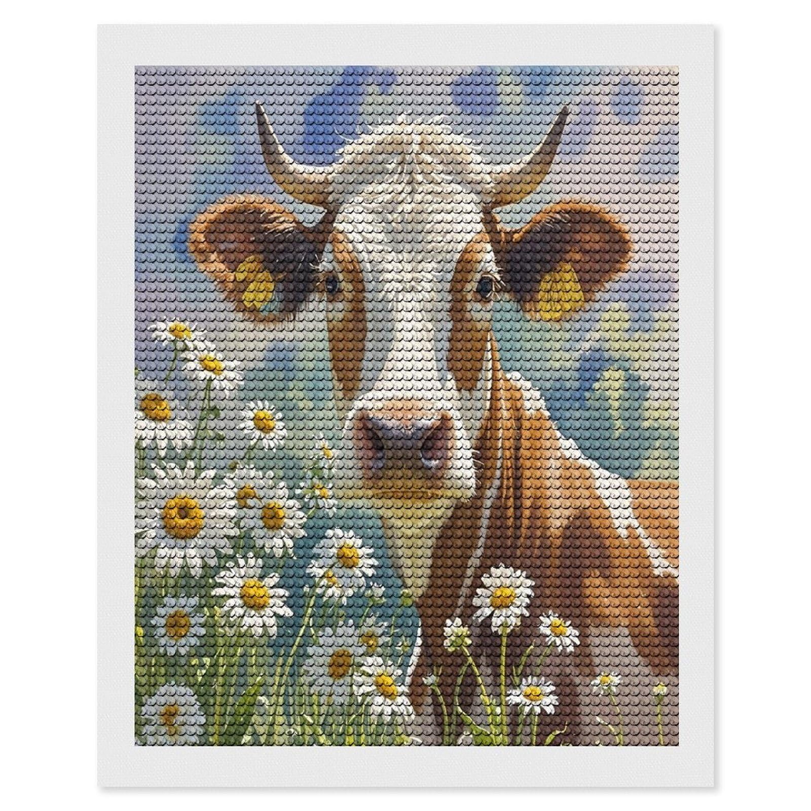 FekiLoot Watercolor Cow and Daisy Flower Diamond Painting Kits for Adults Round Paint with Diamonds Pictures Gem Art Painting Kits Personalized Diamond Art Full Drill for Beginners Home Wall Decor