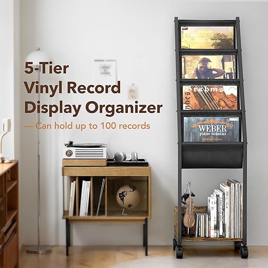 Keebofly Vinyl Record Storage, Record Holder Up to 100 Albums, Record Stand with 4 Tier Vinyl Holder Display Shelf, Movable Vinyl Storage Organizer Rack, Record Cabinet for Book Magazine Turntable thumbnail 2