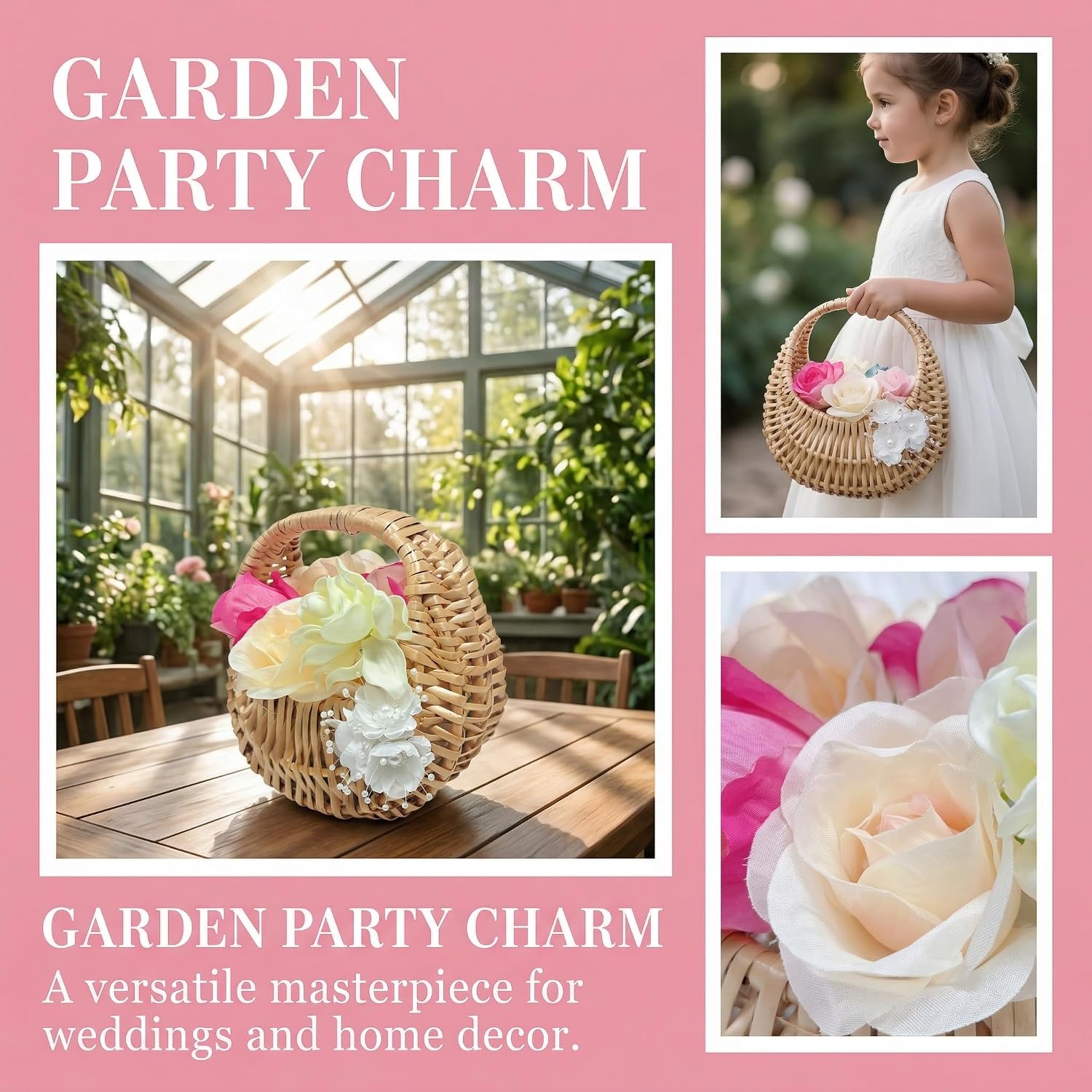 Flower Girl Basket Set of 2, Half Moon Straw Wicker Basket with Rattan 6.3" x 5.12" x 3.75", Ideal for for Wedding Flower Girl, Flowers, Sweets, Gifts, Home Decor & Storage