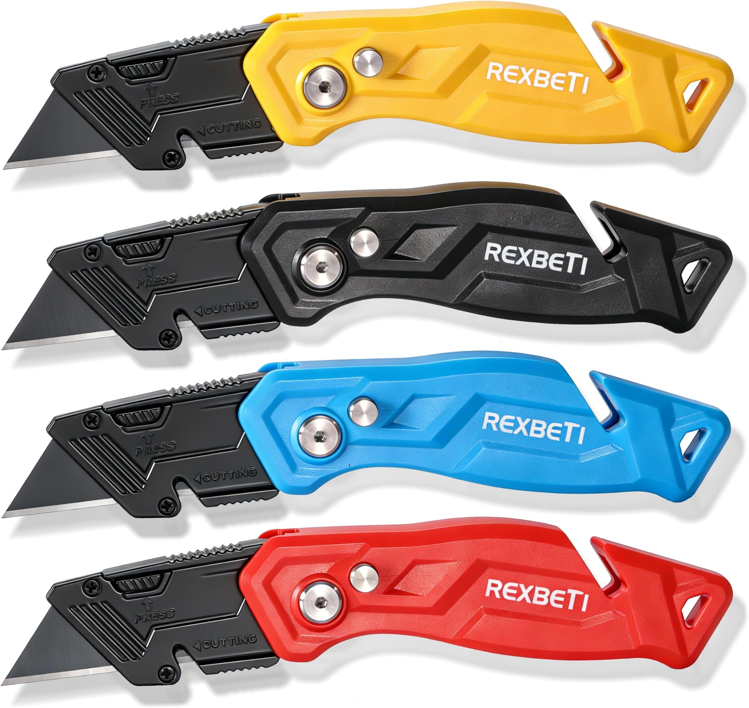 REXBETI 4-Pack Folding Pocket Utility Knife Quick-change SK2 Box Cutter for Cartons, Cardboard and Boxes, Back-lock Mechanism with 10 Extra Blades