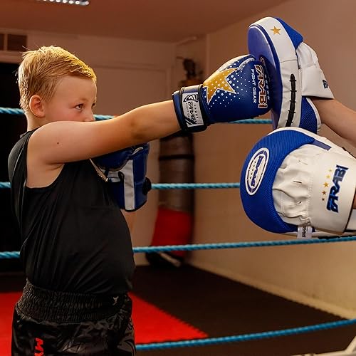 Vista 3 de Farabi Sports Guantes de boxeo para niños, 6 onzas, guantes de boxeo para jóvenes, MMA, Muay Thai, guantes de boxeo para niños, lo mejor para Azul