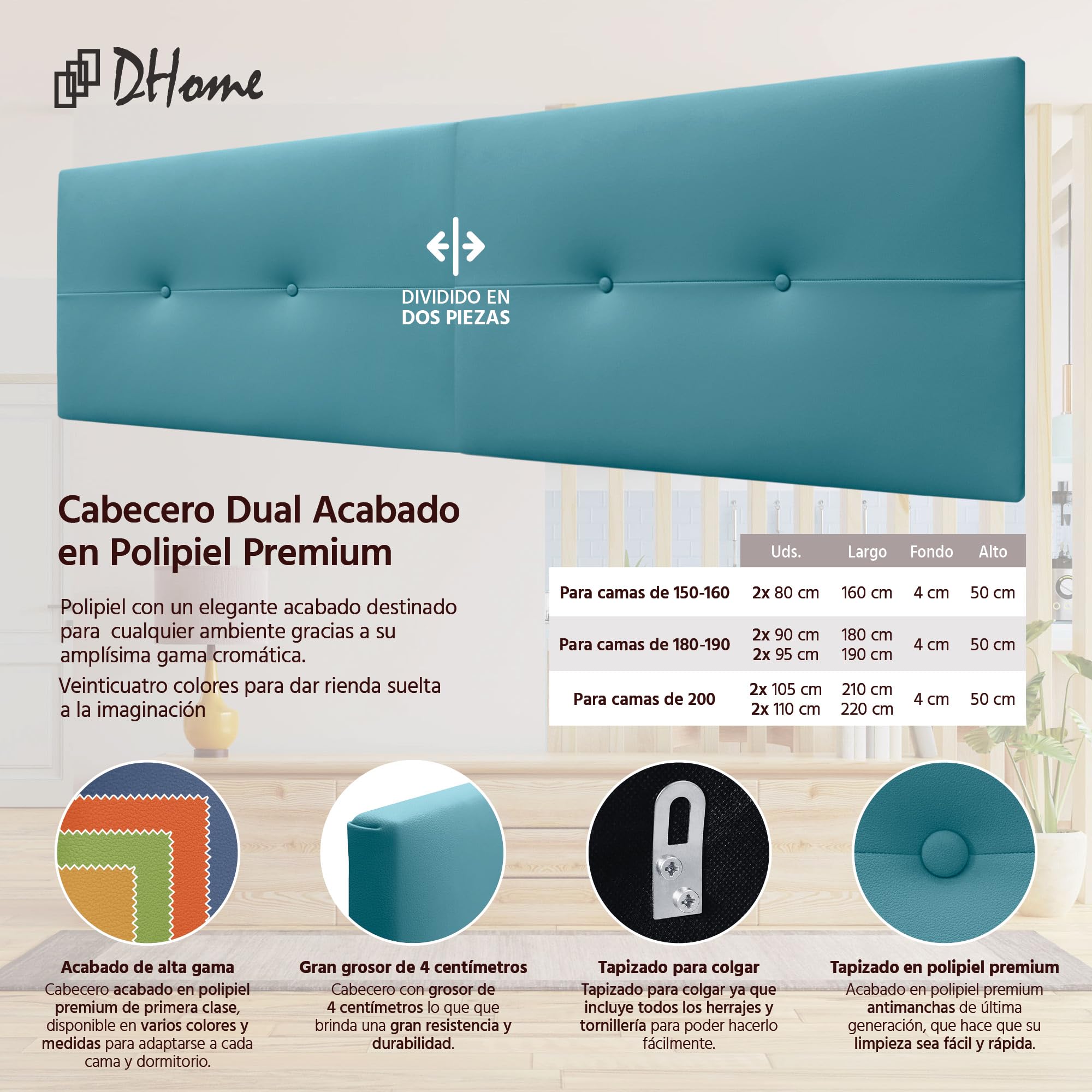 DHOME Testiera in ecopelle o tessuto Aqualine Pro Dual divisa in 2 pezzi, rivestimento di alta gamma, testa imbottita (ecopelle, turchese, 180 cm doppio letto 180/190 cm)