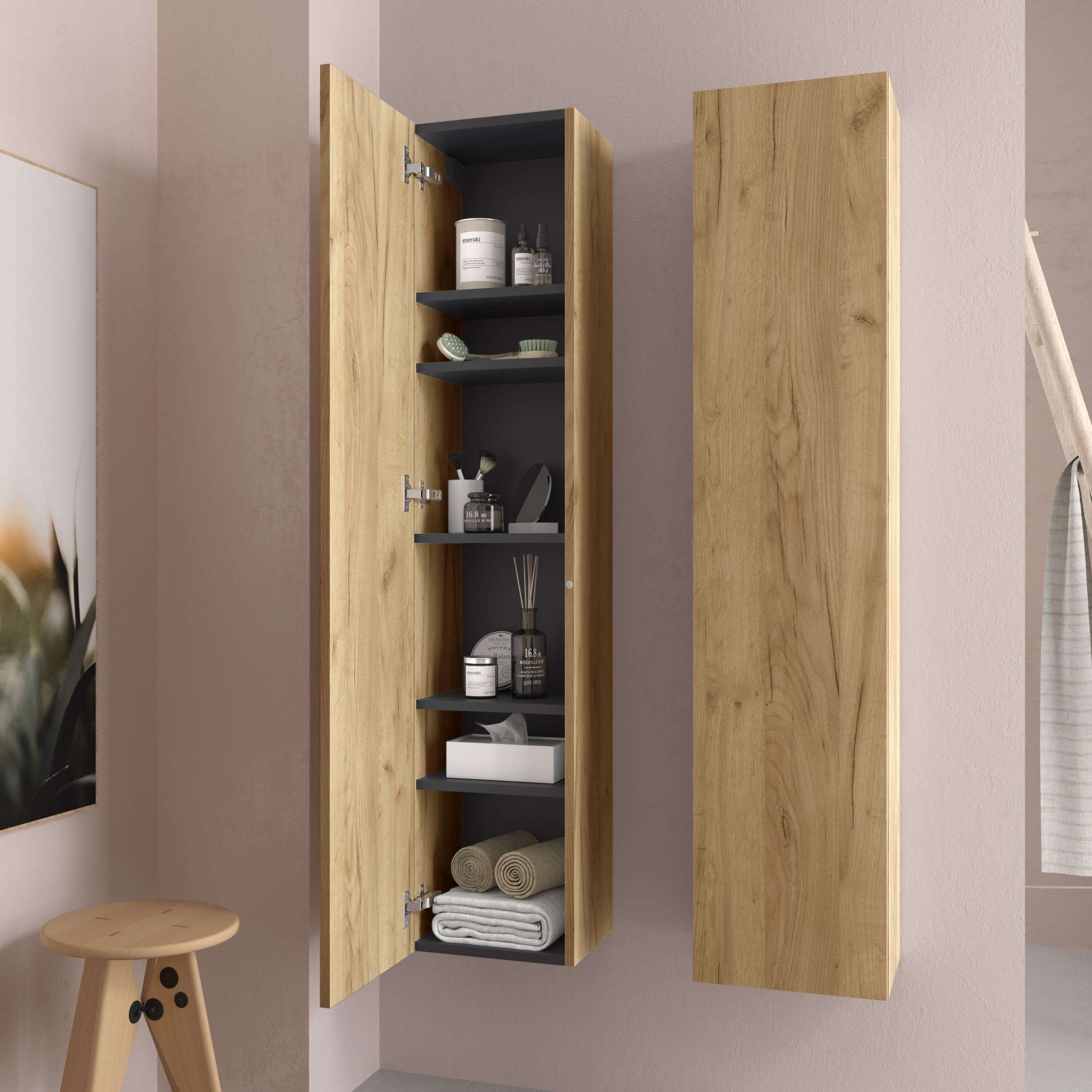 Columna de baño Bequia 100% montada de fábrica | Acabado Roble suspendida 1 Puerta Apertura Push y Cierre amortiguado | Salgar