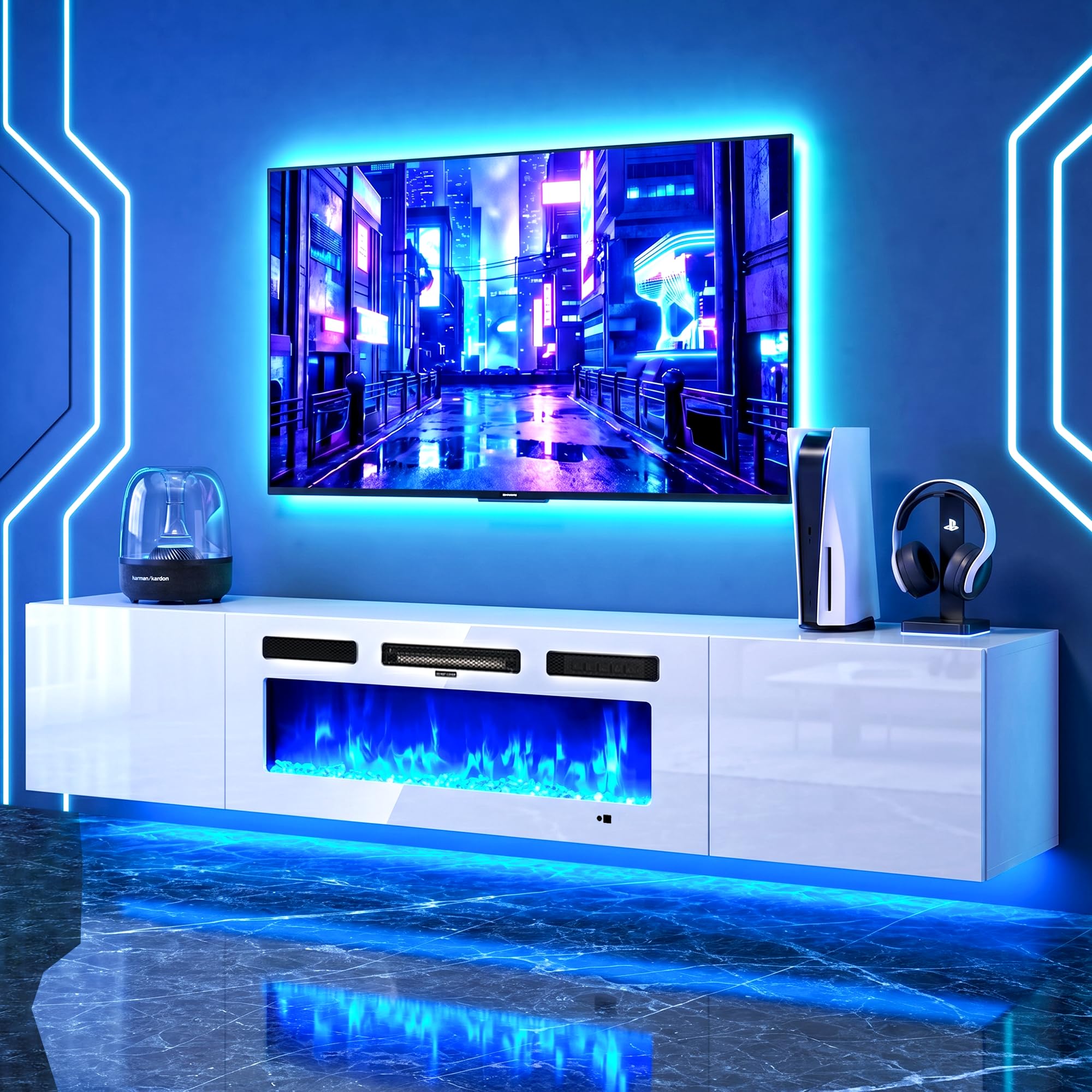 Photo 1 of ***PARTIAL SET***OneBlis 70" Floating TV Stand, Wall-Mounted Entertainment Center with 36" Electric Fireplace, Fits TVs Up to 80 Inches, Media Console with LED Lights for Living Room, White+White