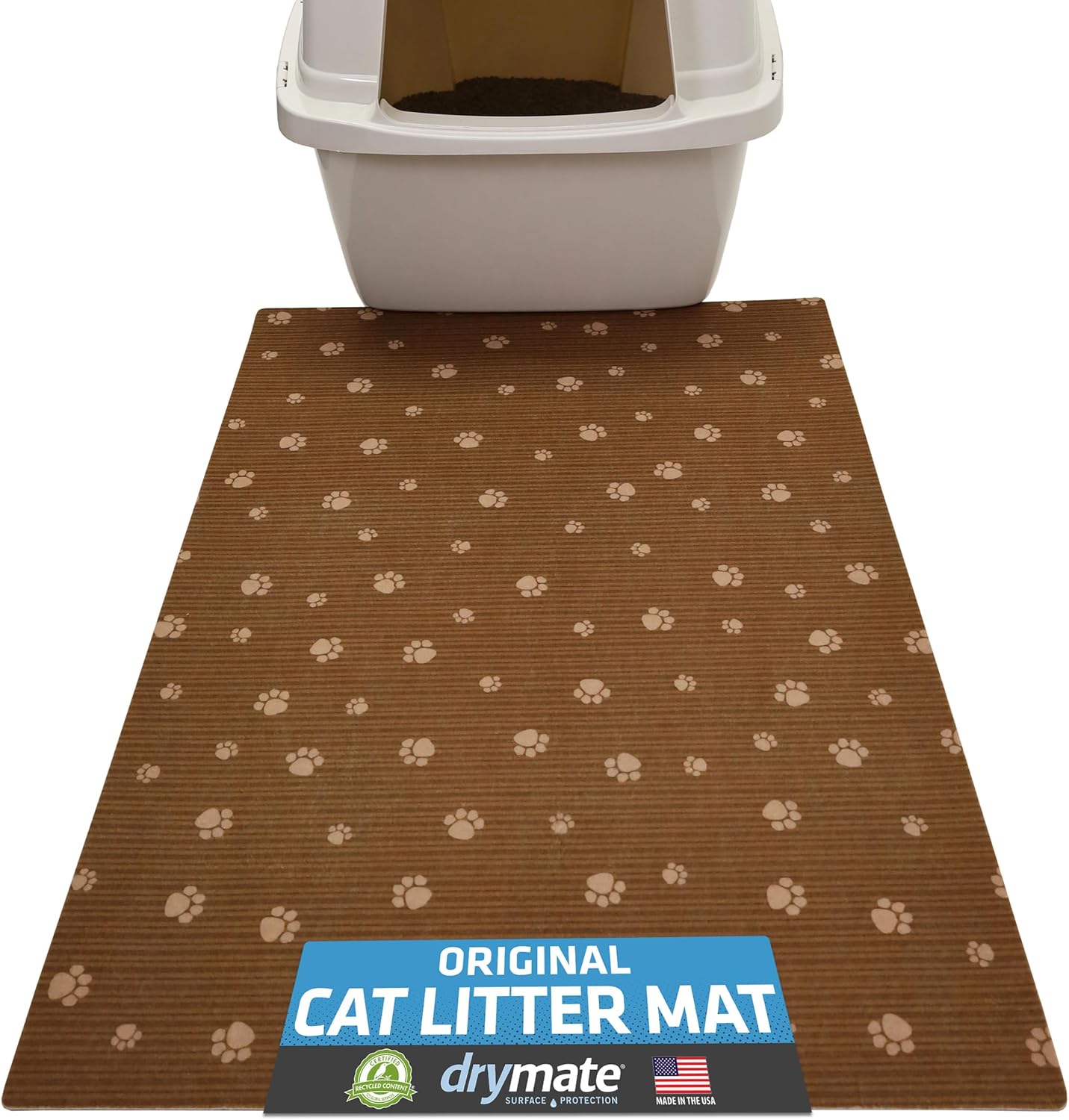 Drymate Original Cat Litter Mat, Contains Mess from Box, Protects Floors, Urine-Proof, Machine Washable, Soft on Kitty Paws, Absorbent, Waterproof (USA Made, Recycled Content) (20”x28”)(BrownTanPaw)