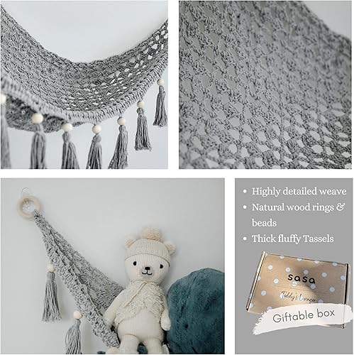Miniatura 6 de Sasa Baby and Toddler Hamaca de juguete de macramé para animales de peluche, hamaca de juguete de peluche, decoración de guardería gris, hamaca de