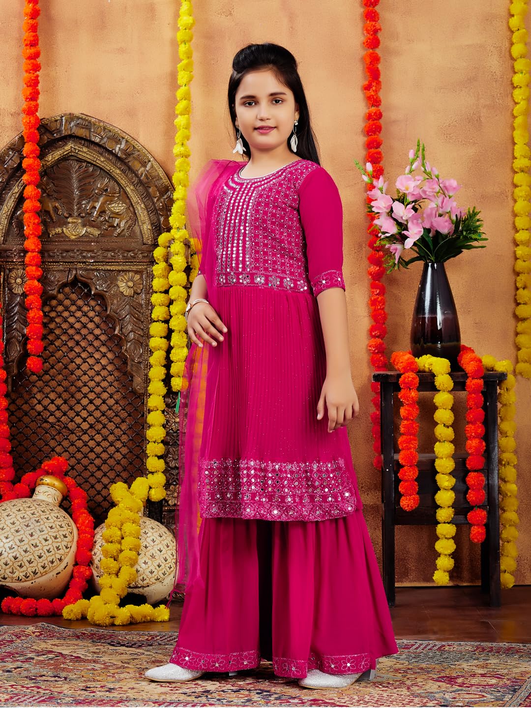 Aarika Girls Ethnic Wea Rani Blue Colour Mirror Embroidery Georgette Kurti Sharara Set (5-16 Years)
