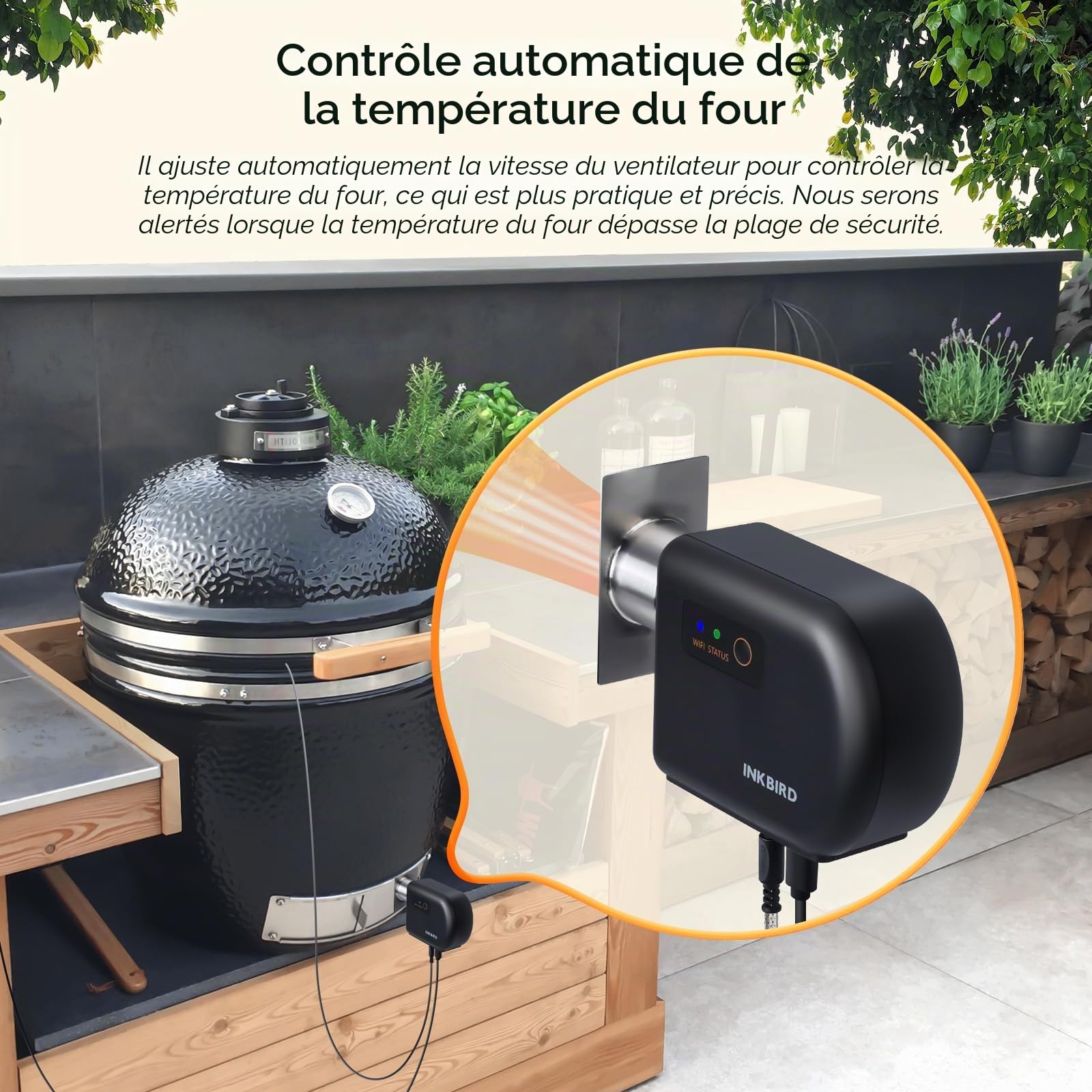 Inkbird Ventilateur de barbecue Bluetooth 5.1 et Wi-Fi 2,4 GHz - Thermomètre automatique avec 4 sondes - Compatible avec Big Green Egg, Kamado Joe, Primo, Vision Grill, Akorn Kamado
