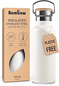 Bambaw Insulated Water Bottle 24 oz, Metal Water Bottle Stainless Steel, Keeps Drinks Cold for 24h Cold and Hot for 12h, Easy to Carry with Handle, Leak-Proof & Reusable Polar White