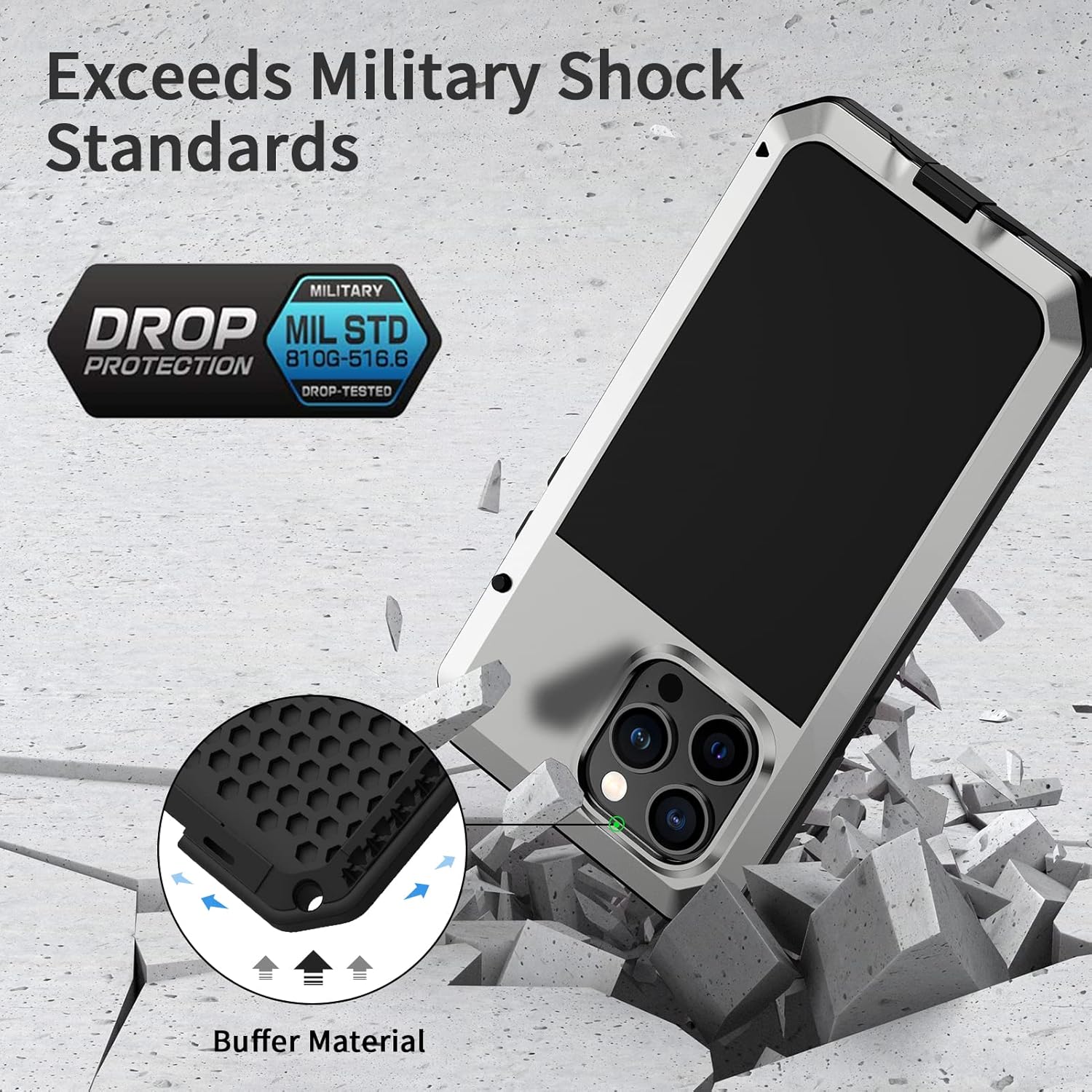 Lanhiem for iPhone 14 Pro Max Metal Case, Heavy Duty Shockproof [Tough Armour] Rugged Case with Built-in Screen Protector, 360 Full Body DustProof Protective Cover for 14 Pro Max 6.7 inch, Silver