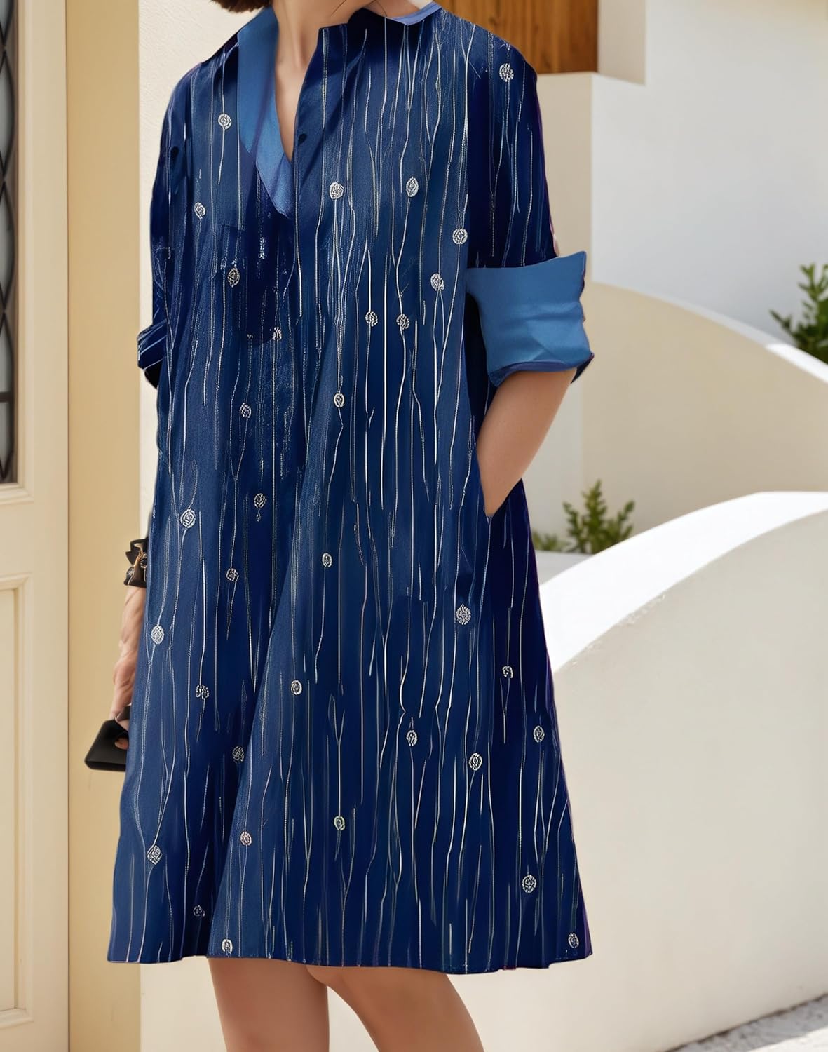 Womens Linen Long Sleeve Simple Printed Button Down Shirt Dress Plus Size Loose Shirt Dresses for Women with 2 Pockets - Image 2