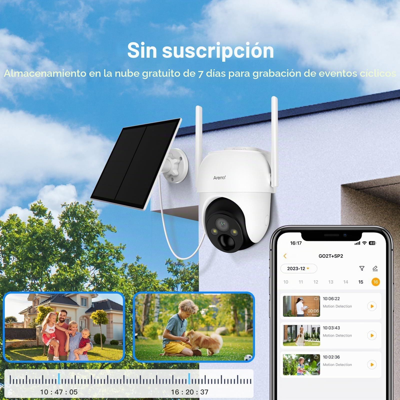 ARENTI Cámara Solar Exterior 2K/3MP, PIR, inalámbrica, Nube, IP65, vigilancia, Audio bidireccional, Alexa-Compatible
