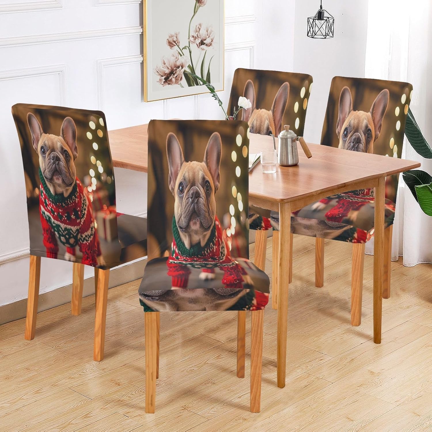 ALAZA Chair Covers for Dining Room, French Bulldog Cute Dog Wearing Christmas Sweaters Stretch Chair Cover Sets Chair Protector Removable Washable for Ktichen Restaurant Hotel