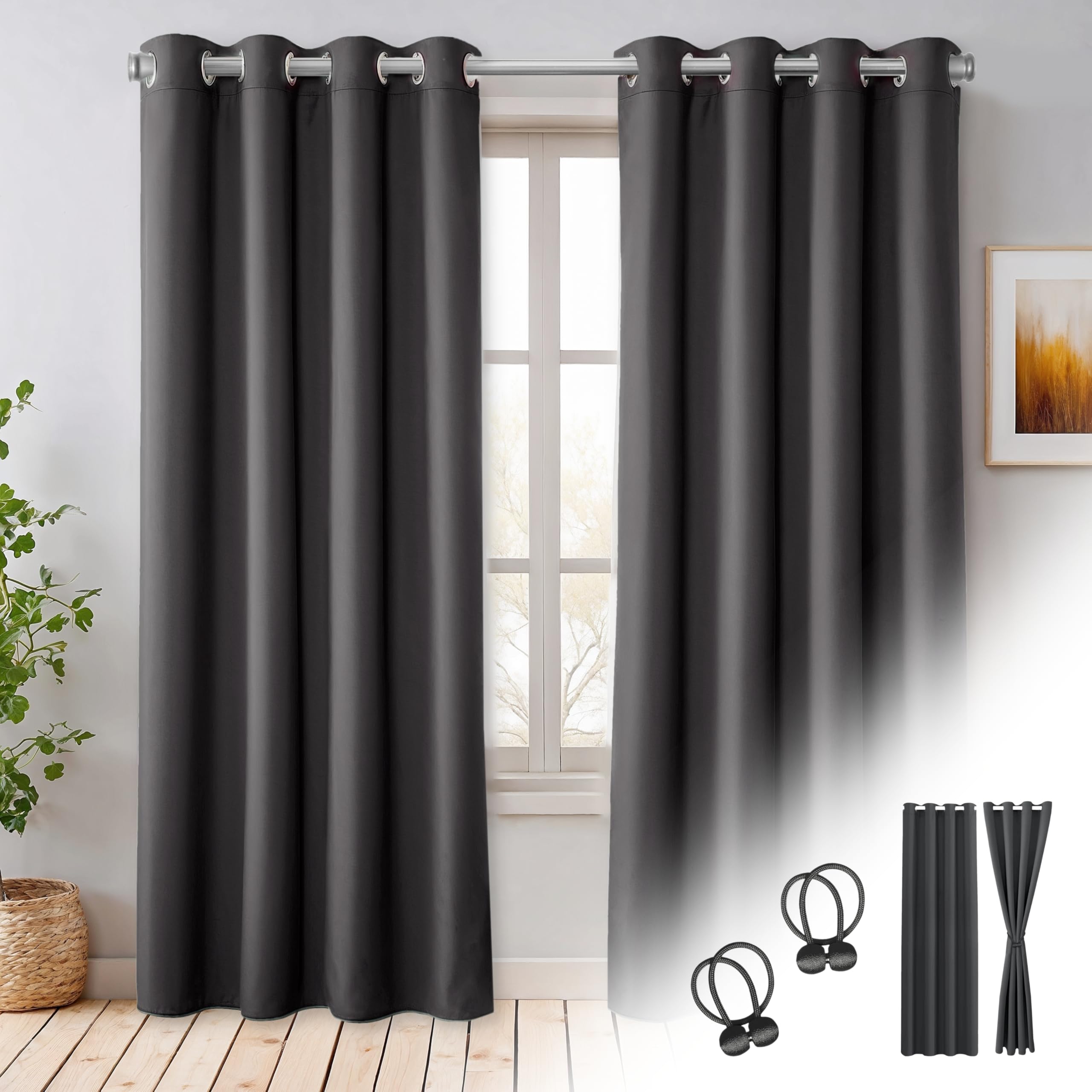 Cozyor Verdunklungsvorhänge Gardinen 2er Set mit Magnet-Raffhalter Thermogardine isolierend verdunkelnd, Gardine mit Ösen für Schlafzimmer, Wohnzimmer, Kinderzimmer