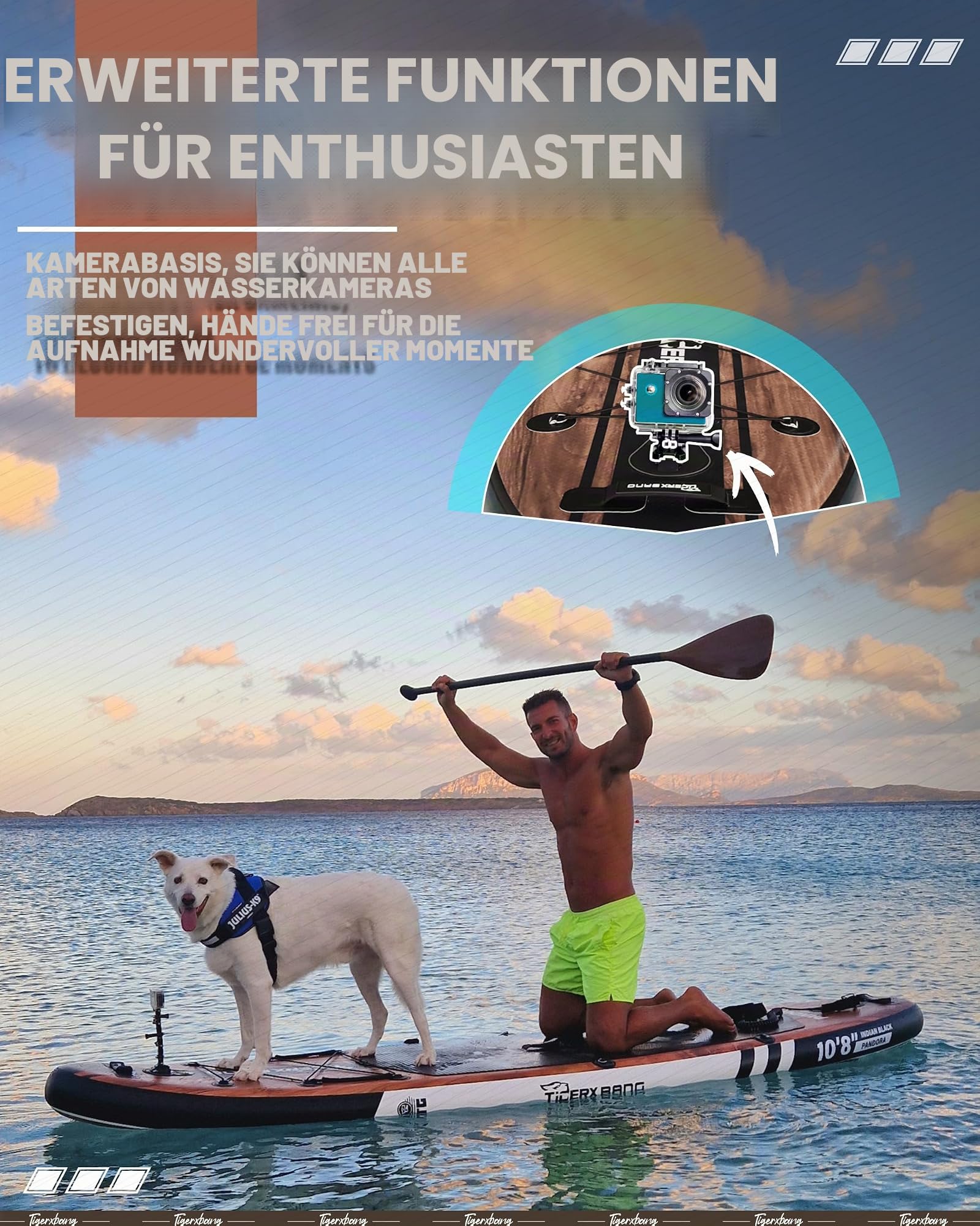 TIGERXBANG Aufblasbares SUP Board 330 cm, Extra Breit, mit Verbessertem Sitz, Zubehörhalterung & Angelrutenhalter, Perfekt für Freizeit & Angeln