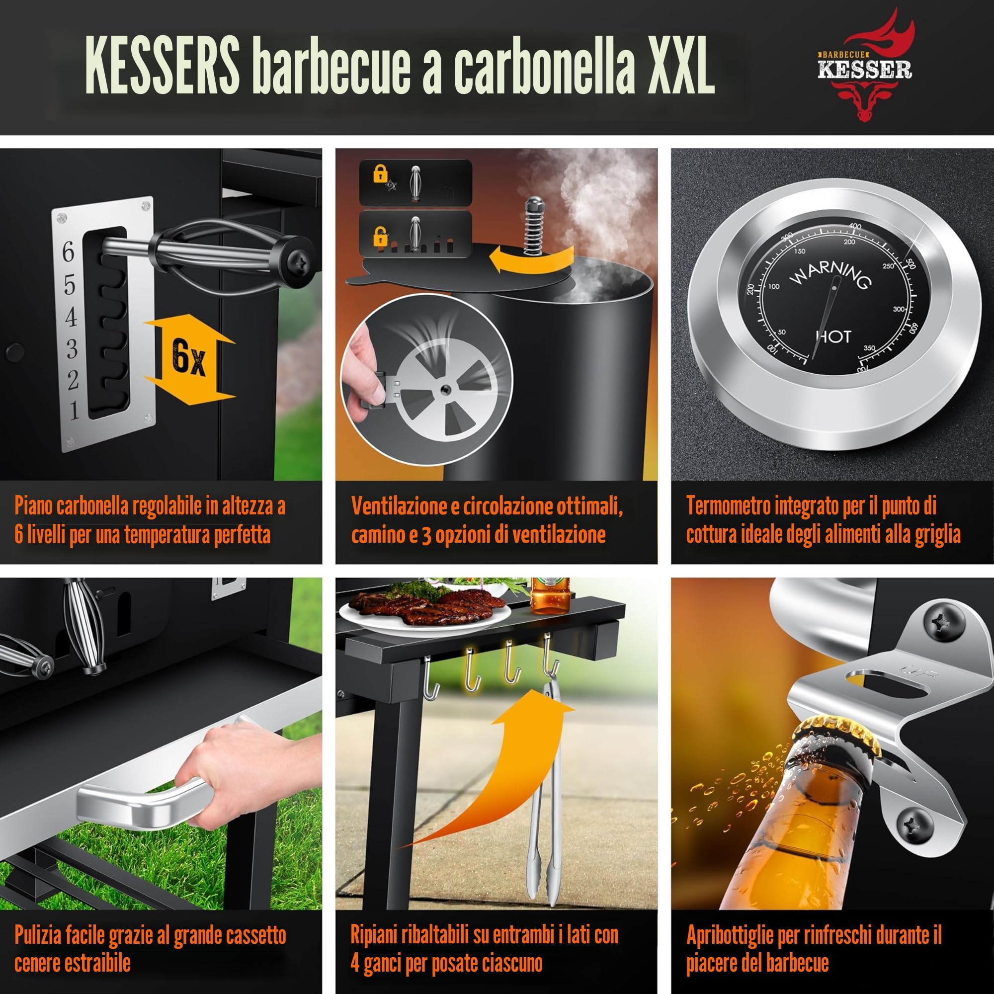 KESSER® Barbecue a carbonella XXL con Carrello, Coperchio, Acciaio Inox, Griglia e Termometro