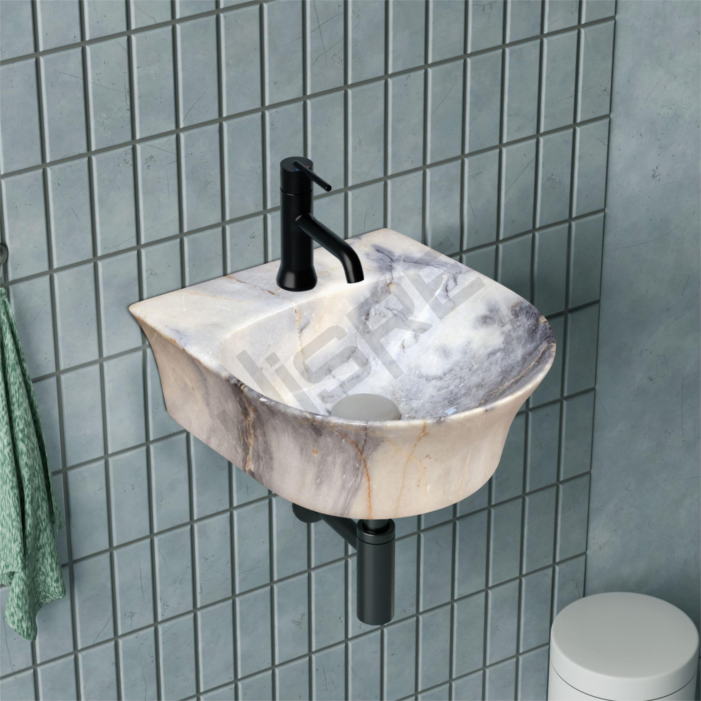 HISRE Wall Mount Wash Basin 13x14x5 Inch | Modern White and Grey-Blue Marble Design Ceramic Sink | Rectangular Bathroom Basin for Home, Office & Hotels, photo 1 of 5