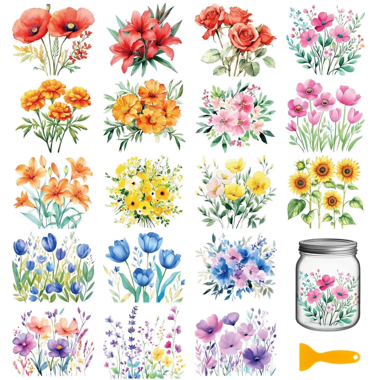 GLOBLELAND 18 Sheets Artistic Flowers and Plants Transfer Stickers 3.9x3.6inch Decals Stickers Tulips Rub on Transfer for Furniture Vase Glass Mason Jar Decorations Art Crafts