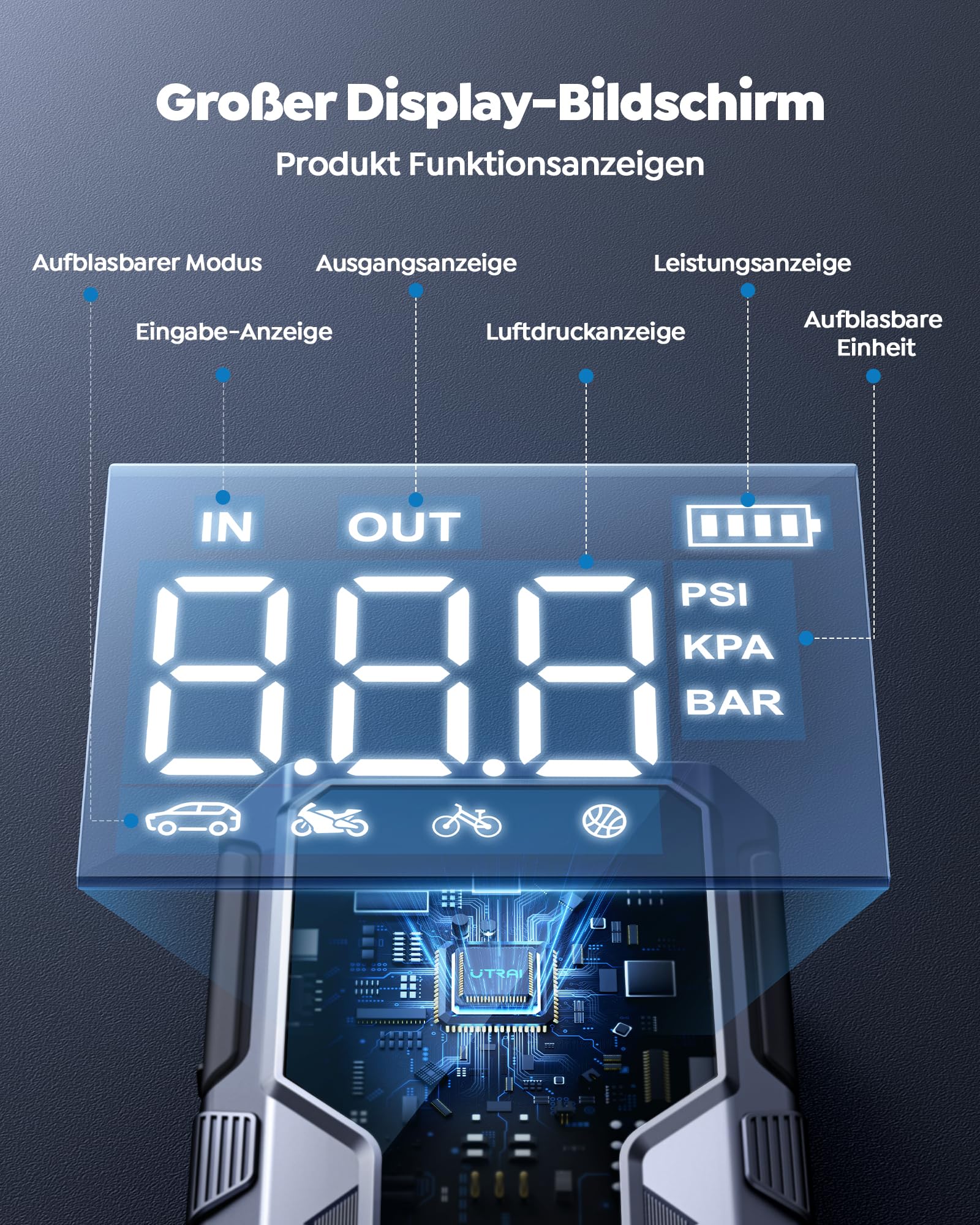 UTRAI Starthilfe Powerbank für Pkw 4500A, 15000mAh Booster Auto Starthilfe mit Kompressor, 18W Schnellladung, Taschenlampe, Zwangsstart, Jump Starter Bis zu 8.5L Benzin, 6.5L Dieselmotor