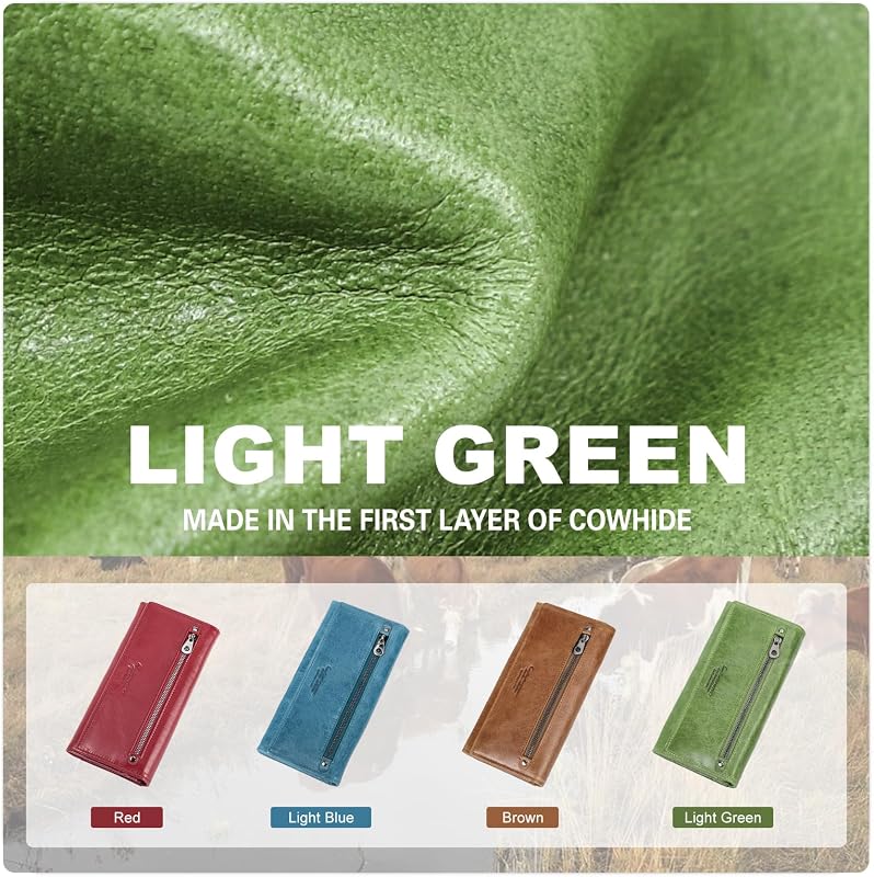 Portofel tip clutch mic din piele naturală CONTACTS cu fermoar, pentru carduri, monede și telefon, verde