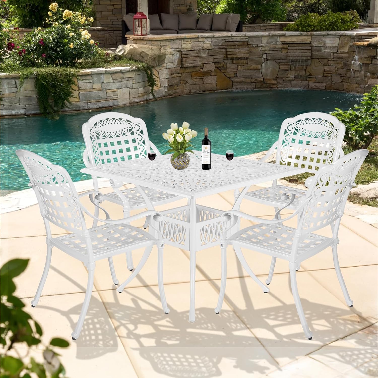 5-Piece Outdoor Patio Dining Set, All-Weather Cast Aluminum Patio Furniture Set for Backyard Garden Deck with 4 Chairs, 4 Cushions and 38.5" Round Table, 2" Umbrella Hole, Red