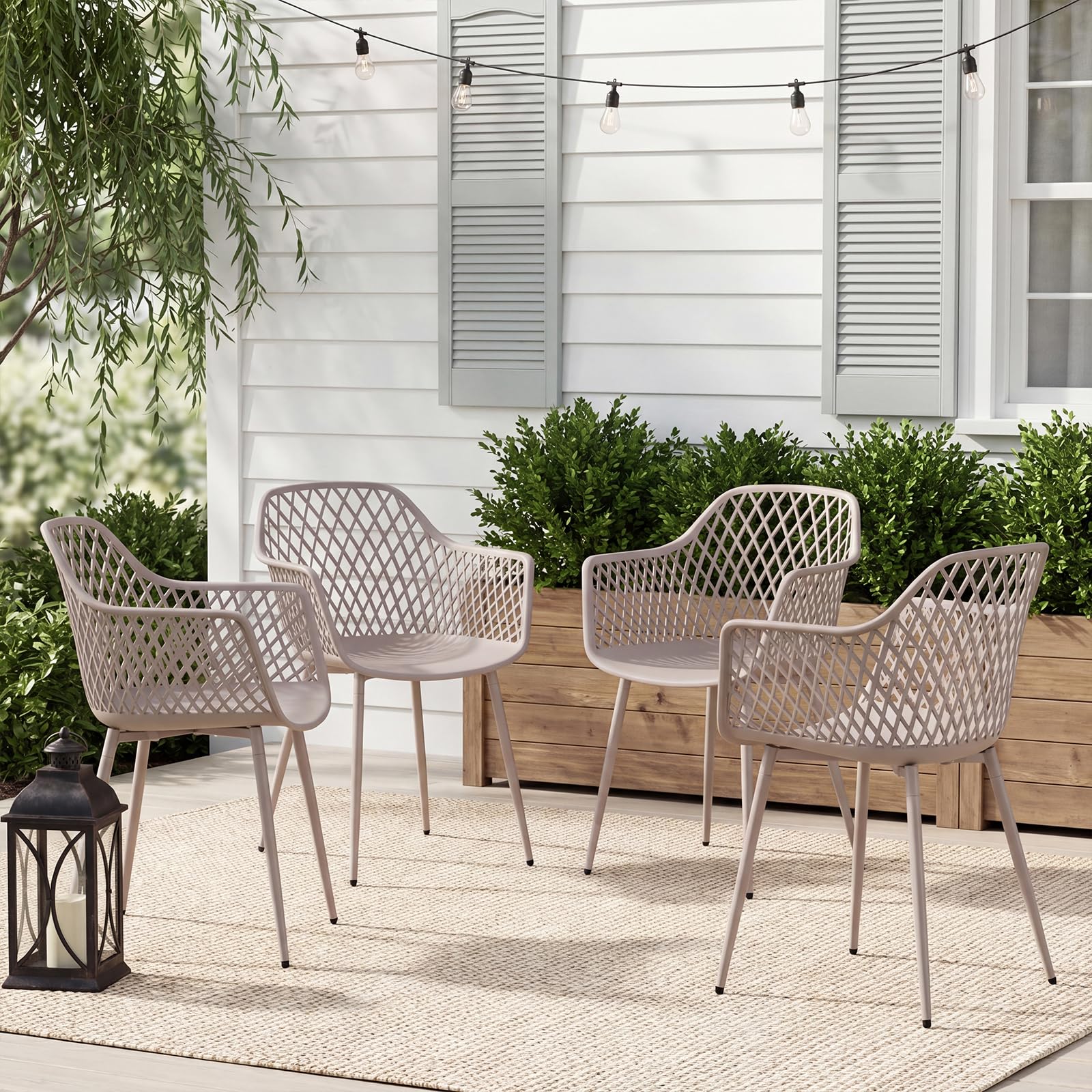 buybyroom Sillas Terraza Exterior, Pack de 4 Sillas Jardin Exterior con Reposabrazos, Patas de Metal y Respaldo de Plástico Ergonómico, para Jardín, Terraza, Balcón, Salón,Comedor,Caqui Claro